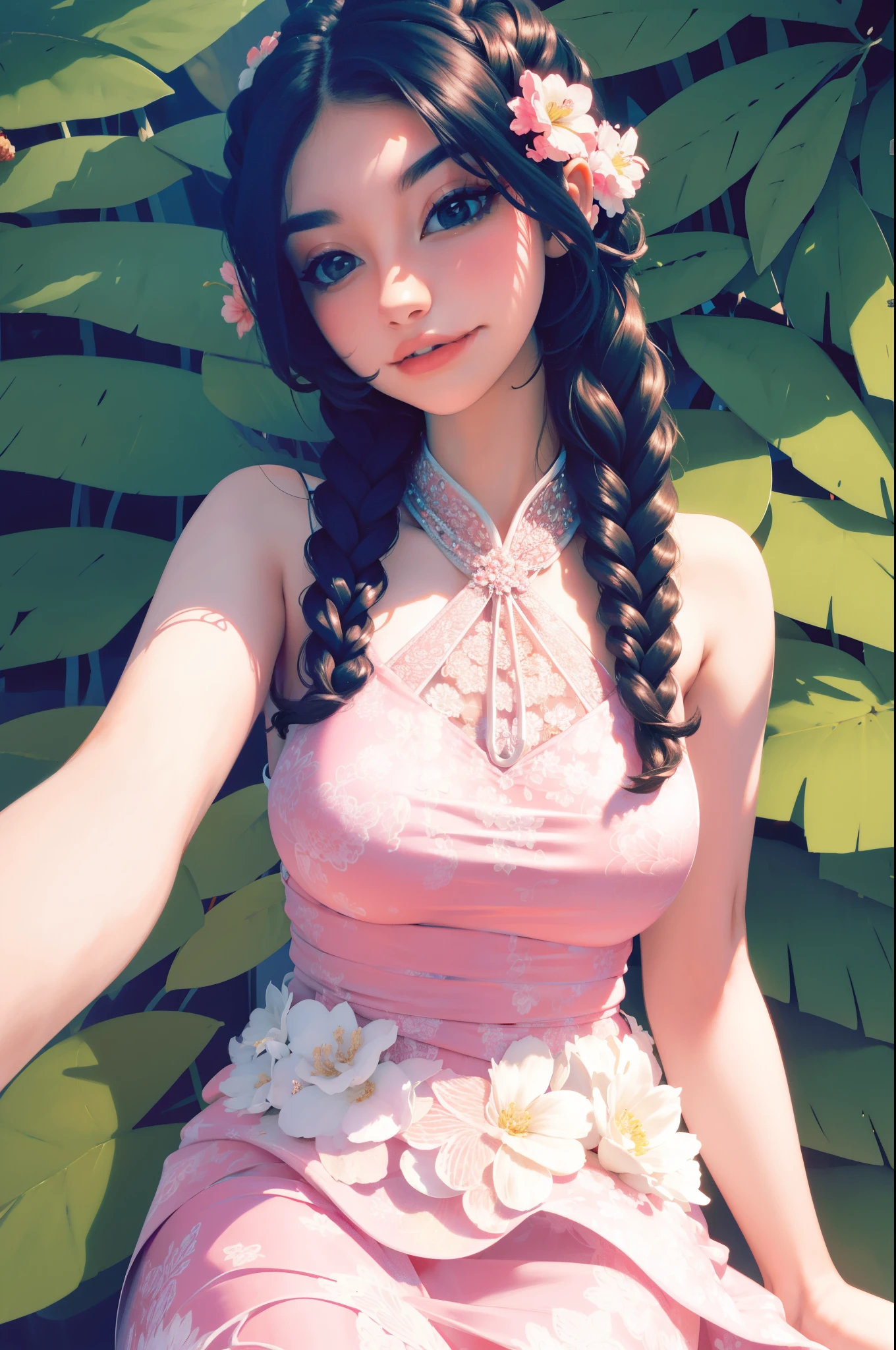 a woman in a black and white floral print swimsuit, a digital rendering inspired by Aurél Bernáth, trending on cg society, art nouveau, intricate fantasy dress, tube-top dress, an intricate dress, detached sleeves, elegant tropical prints, intricate details. front on, floral art nouveau dress, graphic print, floral art novuea dress