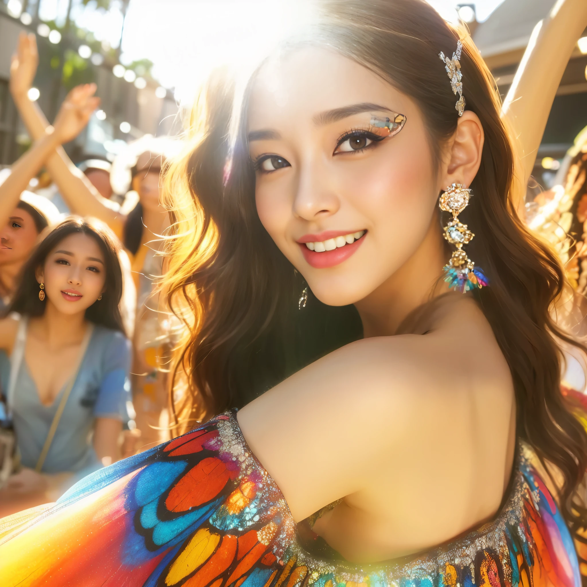 araffe woman with butterfly wings and colorful dress in front of a crowd, official artwork, colorful photo, beautiful colorful, shiny colorful, 8K Art Germ Bokeh, colorful lenses, super colorful, colorful]」, highly colorful, album art, colorful, fan art, very colorful heavenly, colorful picture, rainbow wings, beautiful and colorful