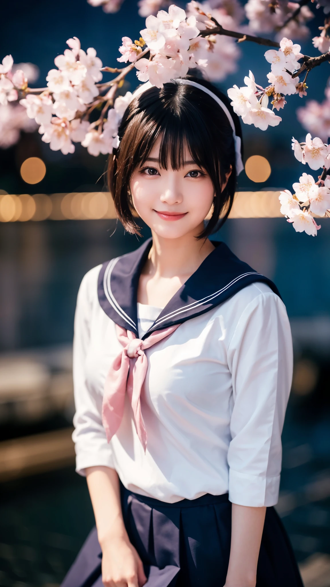 (highest quality,masterpiece:1.3,ultra high resolution),(Super detailed,caustics,8k),(photorealistic:1.4,RAW shooting),1 girl,Are standing,(smile),stare at the camera,20-year-old,cute,Japanese,black hair short cut,(sailor suit),glamorous,(big ),darkness,night sky,Illuminated night cherry blossoms,professional writing,(shot from the waist up),(Tilt composition:1.1),(low position:1.2),(Low - Angle:1.2)