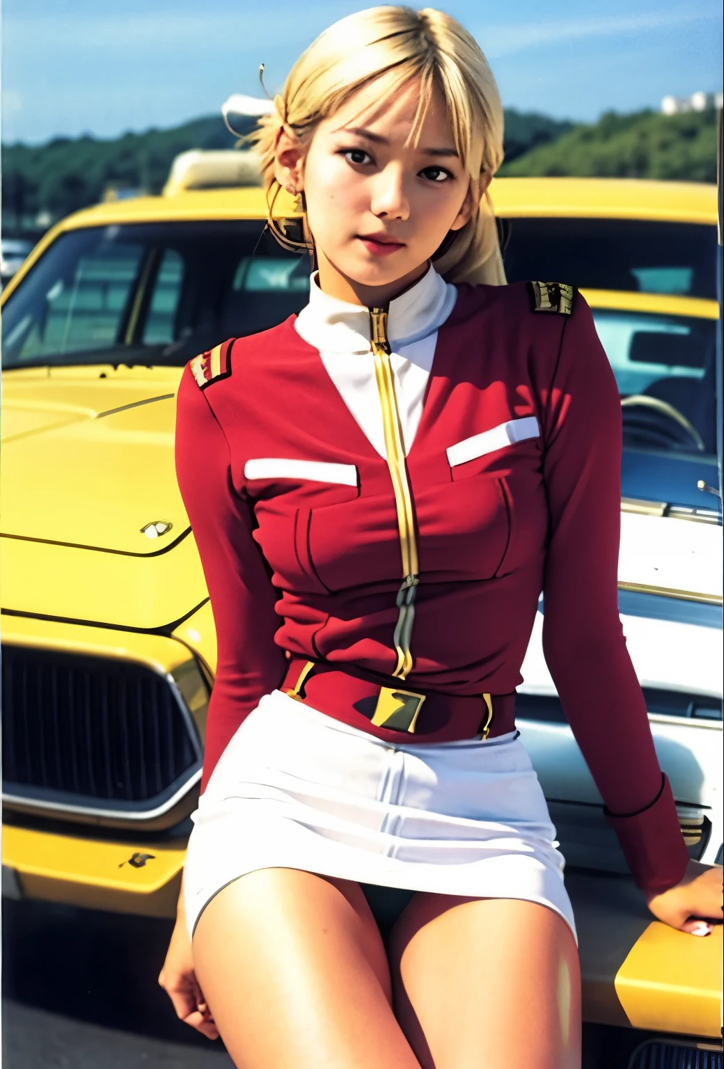 real photos、Highest imYear quality、Beautiful woman、beautiful thighs、beautiful face、real imYear、federal army uniform miniskirt、ponytail、Yuriko Yoshitaka、super mini skirt、16Year日本人女性、Mrs. Bowe、pretty girl、white pantiesが丸見え、16Year、(white panties:1.3)、super mini skirt、beautiful thighs、white panties、赤いミニスカートがめくれてwhite pantiesが見えてる