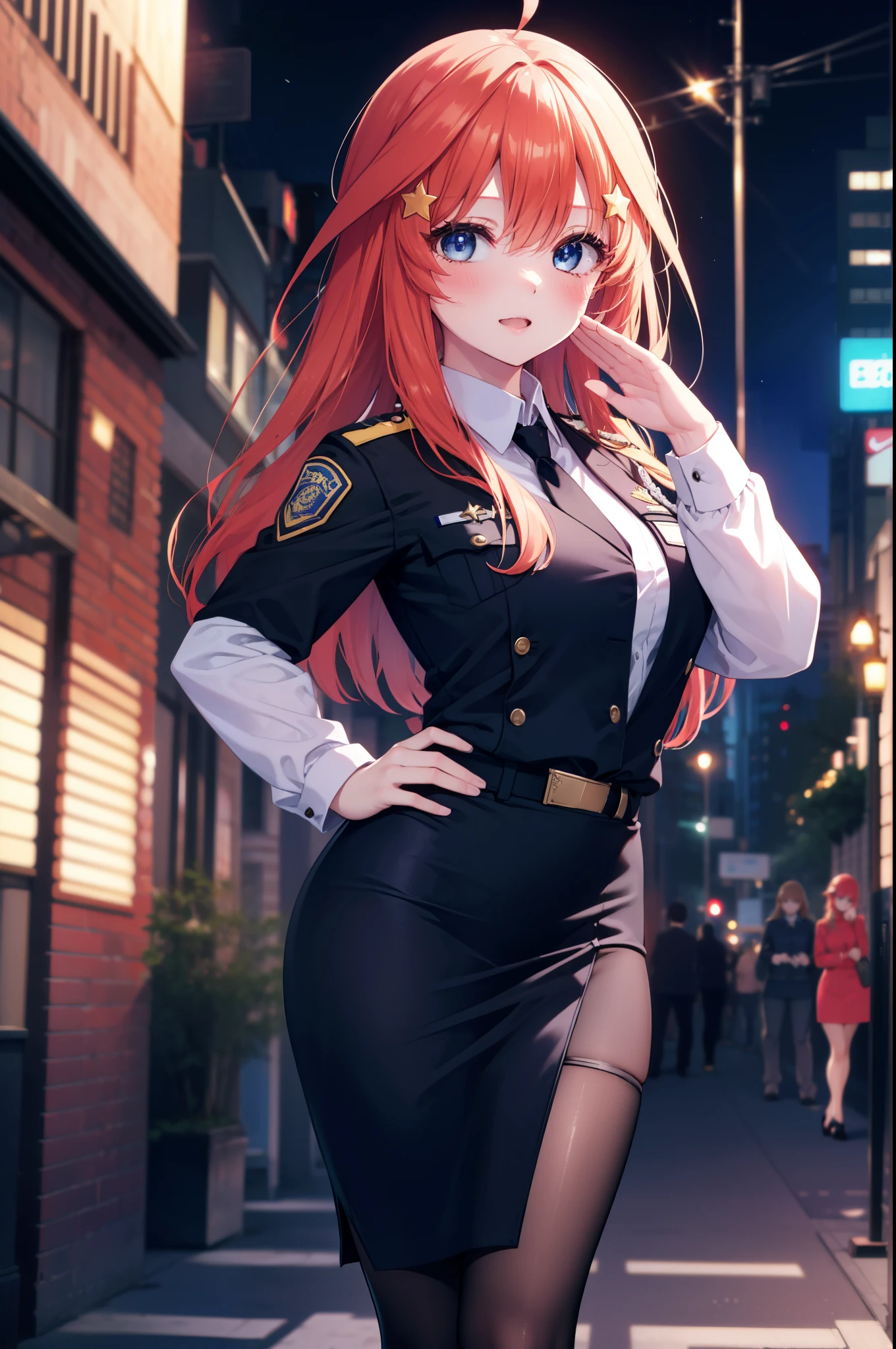 masterpiece, best quality, 1girl, cuffs, necktie, handcuffs, solo, long hair, police uniform, hat, sitting, police, bat \(animal\), red hair, black necktie, red eyes, skirt, short sleeves, crossed legs, shirt, policewoman, uniform, black footwear, breast pocket, looking at viewer, blue shirt, miniskirt, police hat, collared shirt, smile, closed mouth, pocket, very long hair, hair between eyes, bangs, blurry, full body, black headwear, black skirt, blush, halloween, blurry background, shiny, bare legs, pencil skirt, tombstone, wing collar, high heels, head tilt