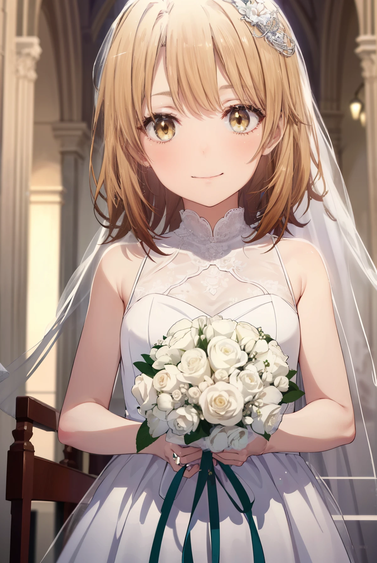 irohaisshiki, Isshiki Iroha,long hair, brown hair, (brown eyes:1.5), smile,Wedding dress、Wedding Skirts,veil,bouquet,owns a bouquet with both hands,whole bodyがイラストに入るように
break indoors, church,チャペル
break looking at viewer,Upper body, whole body,
break (masterpiece:1.2), highest quality, High resolution, unity 8k wallpaper, (shape:0.8), (beautiful and detailed eyes:1.6), highly detailed face, perfect lighting, Very detailed CG, (perfect hands, perfect anatomy),