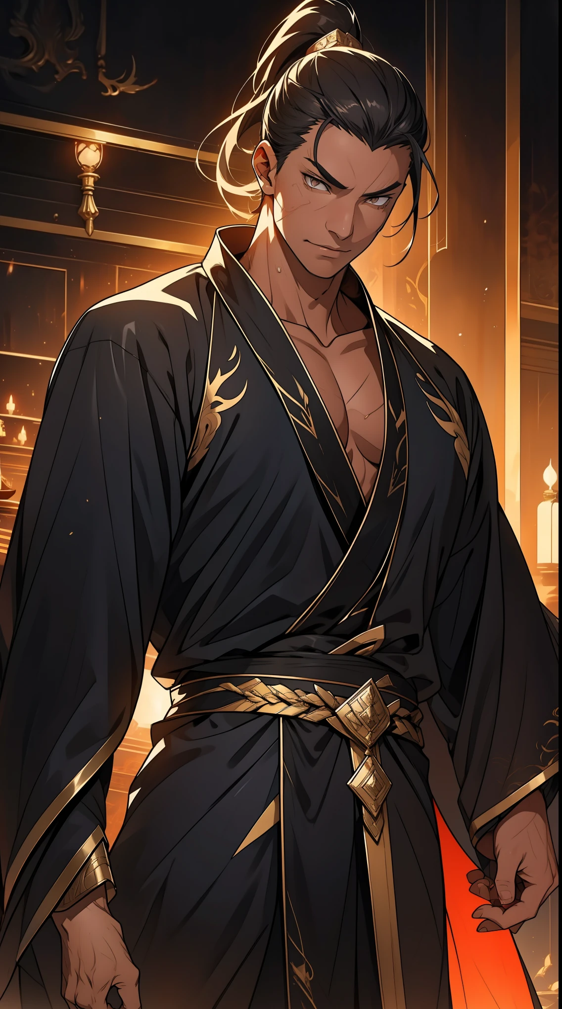 one person(male warrior),proportions are correct,facial details,swordsman,high ponytail hairstyle,neck detail,Have an Adam's apple,Black and gold robe,joke,Black and gold robe,clothing details,Hand over,long sleeves,Game quality,fencing,Ray tracing,Ray tracing,Detailed glow,CG rendering,hair details,Long black and blond hair,Black-gold eyes,Handsome,Handsome,(Youthful feeling),Costumes are complicated,Perfect composition,refine,high quality,higher details,many details,Complex background,a sense of atmosphere,