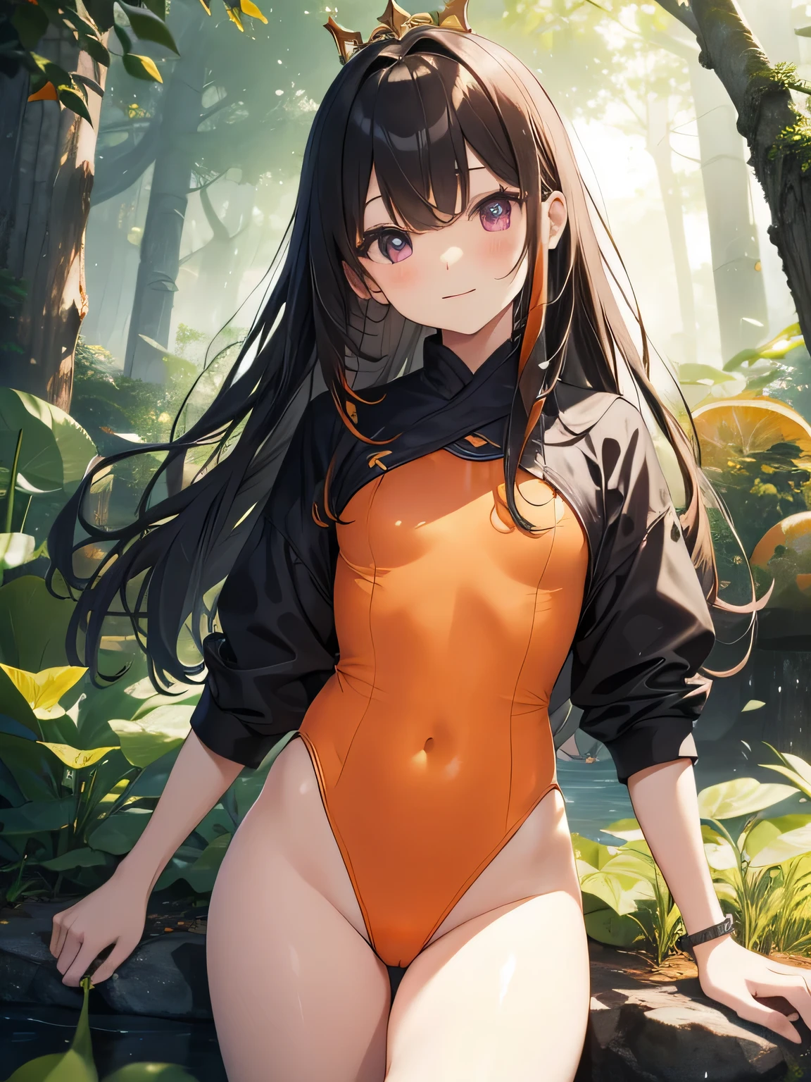 highest quality、best image quality、beautiful eyes、very delicate and beautiful、beautiful eyes、pink eyes、I、I、11 year old girl、Japanese、、Chiquita、Noble、primary school student、black hair、barefoot、(judo)、(((The lower body is an orange leotard)))、(High leg)、tiara on head、dull smile、standing and facing forward、The background is a forest with a pond