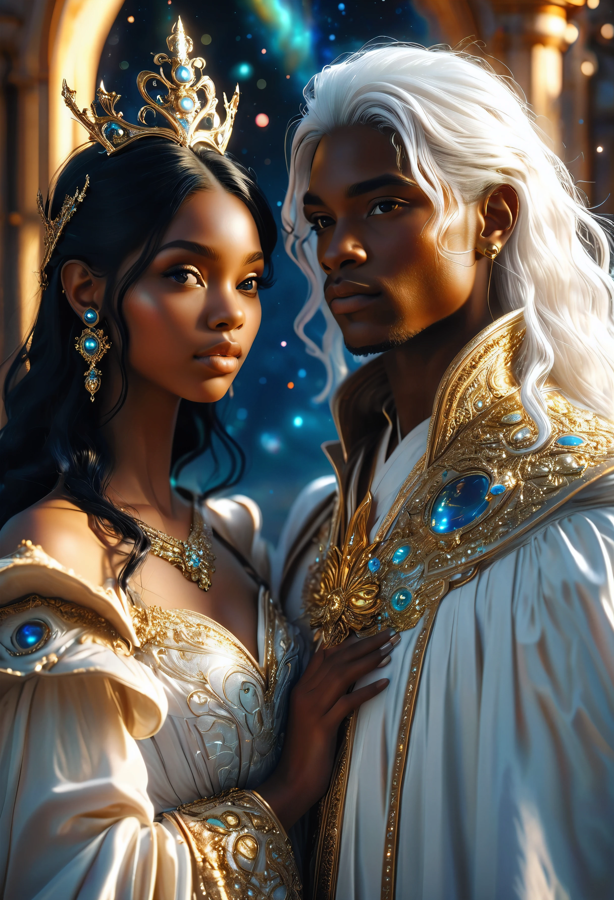Novel in celestial landscape, a beautiful young darkskin couple avec (((une jeune juge enceinte aux longs cheveux noirs))) avec (((a young male judge avec white hair))), ils tiennent un sceptre, beautiful visage, (((beautiful))), visages parfaits, tout le corps, Romantic scene, Voie romantique, Couple sexy, 8K, extrêmement detailed, (High quality, realistic, photorealistic: 1.37), tout le corps, ideal proportions and defined complexion, Meticulously designed features, inaccessible beauty, la perfection, artistic chef-d'artworks, vivid realism, sculptures hyper detailedes, formes realistics, vraiment impressionnant, un savoir-faire impeccable, pure shine, ethereal beauty, Delicate contours, poses frappantes, sublime beauty, nuances subtiles, compositions dynamiques, Couleurs vives, perfect lighting, Moving Expressions, Celestial aura, Majestic presence, ambiance onirique, Rendu d'octane detailed inégalé, tendance sur artstation, Photographie artistique 8k, photorealistic concept art, Natural, soft, volumetric cinematic perfect light, clair-obscur, award-winning photography, chef-d'artwork, huile sur toile, beau, detailed, complexe, incroyablement
