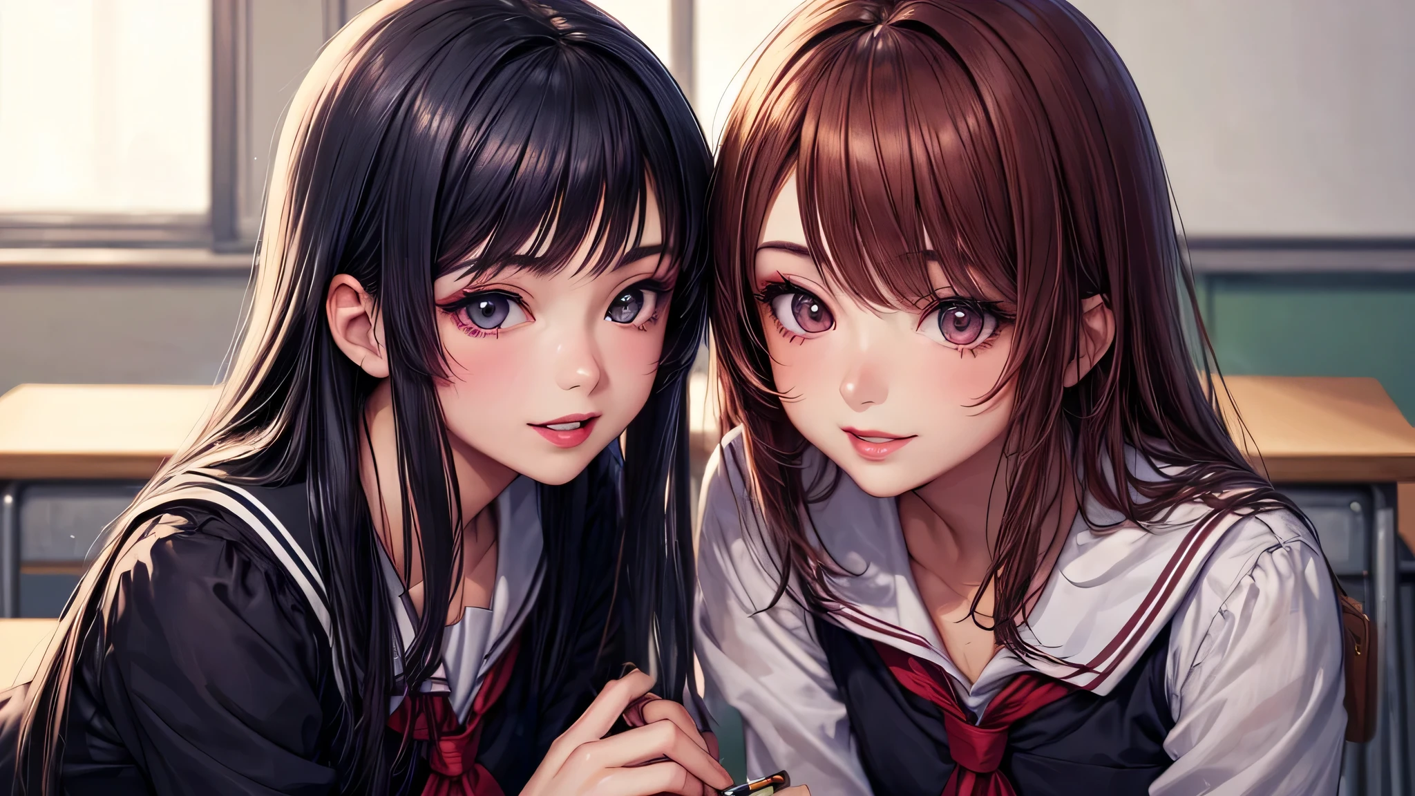 (2 girls:1.2), incredibly beautiful face, compensate, lipstick, enchanting smile, (school uniform, mini skirt:1.2), (highest quality: 1.4), (Super detailed), (highest quality:1.4), (super detailed), evening, (anime illustration), very high resolution, (Upper body), close up face, (School, classroom), School anime, anime illustration,