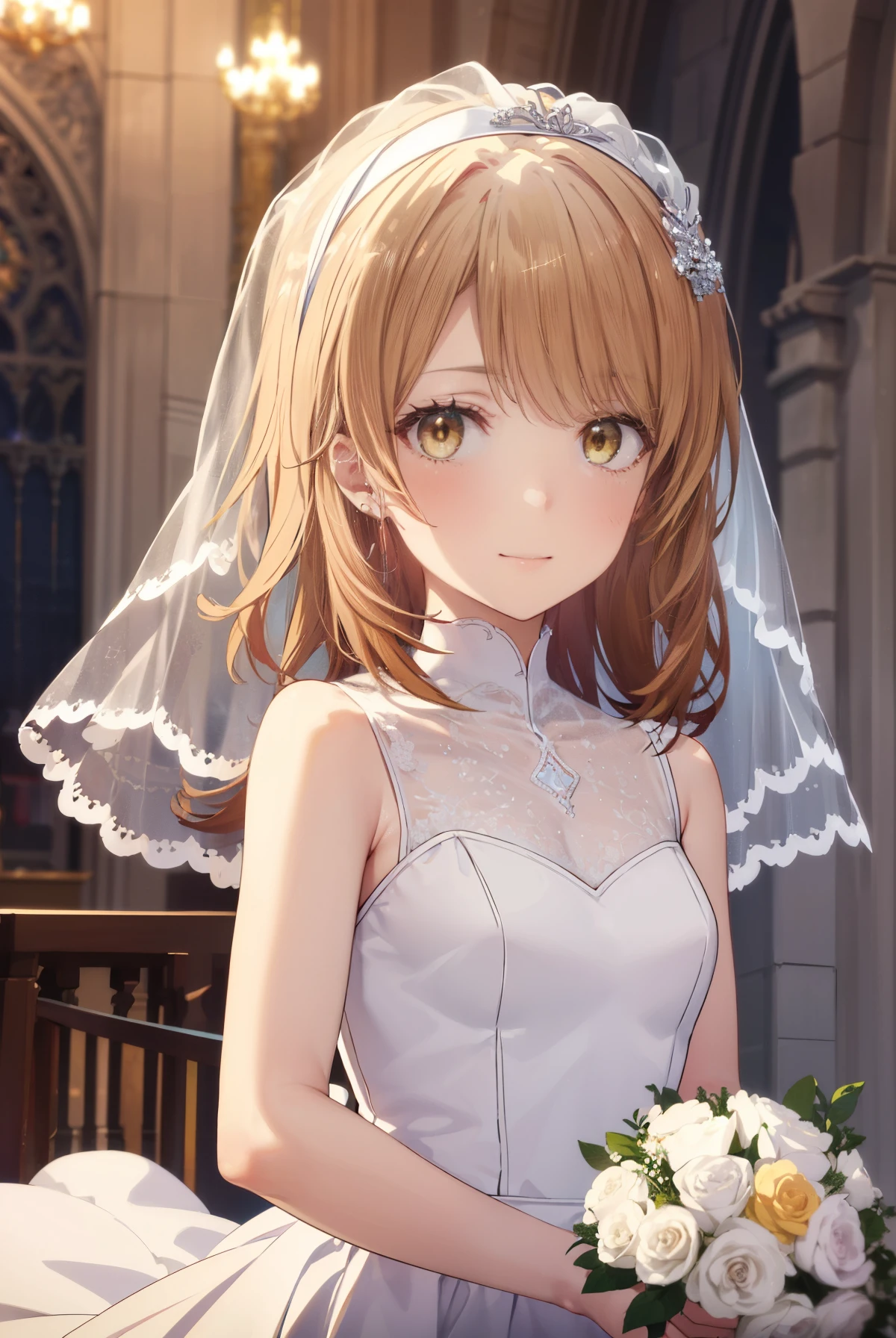 irohaisshiki, Isshiki Iroha,long hair, brown hair, (brown eyes:1.5), smile,Wedding dress、Wedding Skirts,veil,bouquet,owns a bouquet with both hands,whole bodyがイラストに入るように
break indoors, church,チャペル
break looking at viewer,Upper body, whole body,
break (masterpiece:1.2), highest quality, High resolution, unity 8k wallpaper, (shape:0.8), (beautiful and detailed eyes:1.6), highly detailed face, perfect lighting, Very detailed CG, (perfect hands, perfect anatomy),