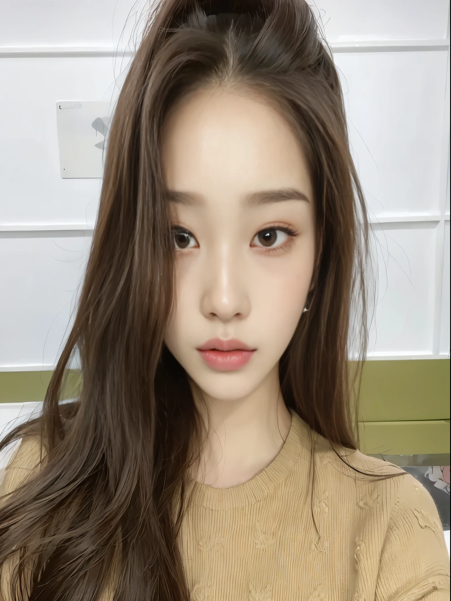 a close up of a woman with long hair and a sweater, young adorable korean face, jaeyeon nam, wan adorable korean face, jinyoung shin, popular korean makeup, blackpink jennie, popular south korean makeup, ulzzang, heonhwa choe, with round face, pale round face, gorgeous young korean woman, korean face features, korean girl