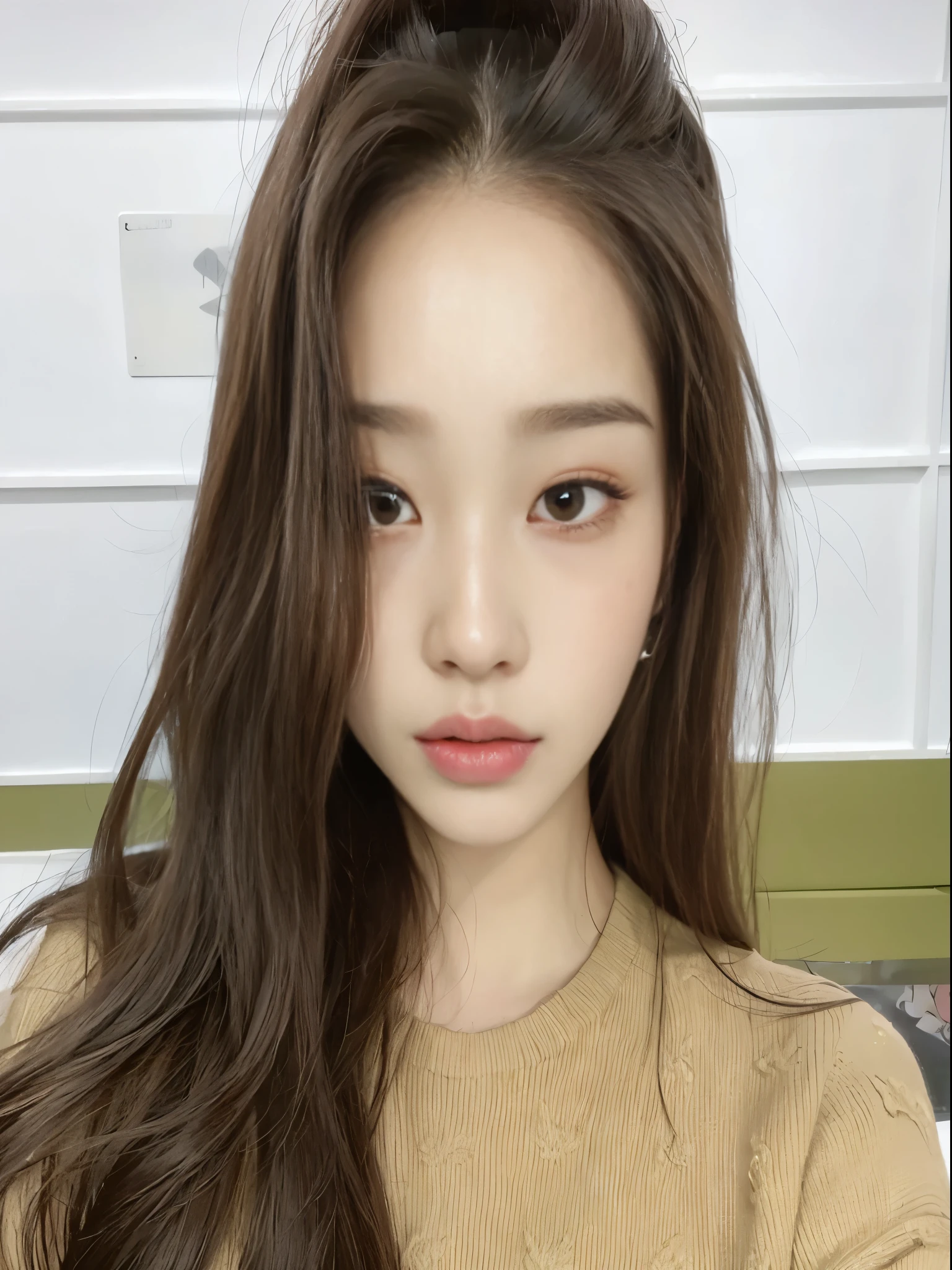 a close up of a woman with long hair and a sweater, young adorable korean face, jaeyeon nam, wan adorable korean face, jinyoung shin, popular korean makeup, blackpink jennie, popular south korean makeup, ulzzang, heonhwa choe, with round face, pale round face, gorgeous young korean woman, korean face features, korean girl