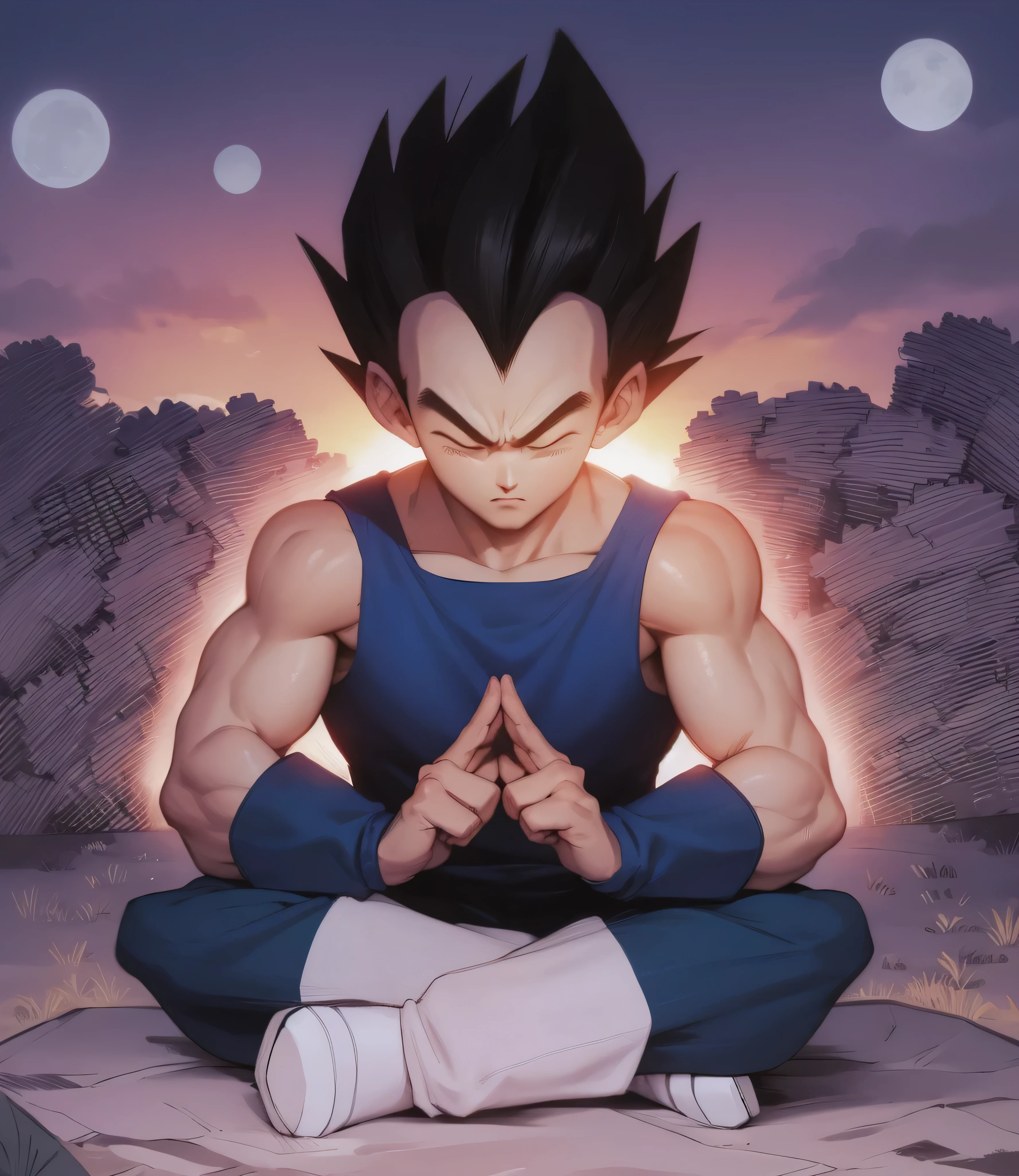 illustration of a vegeta sitting, cloudy sky, bare arms, blue clothes, saiyan armor, an illustration inspired by Kanō Hōgai, tumblr, romanticism, in dragon ball z manga, from dragon ball z, portrait of vegeta from dragon ball z, black hair, the sandman from graphic novel, meditation, eyes closed, deep focus