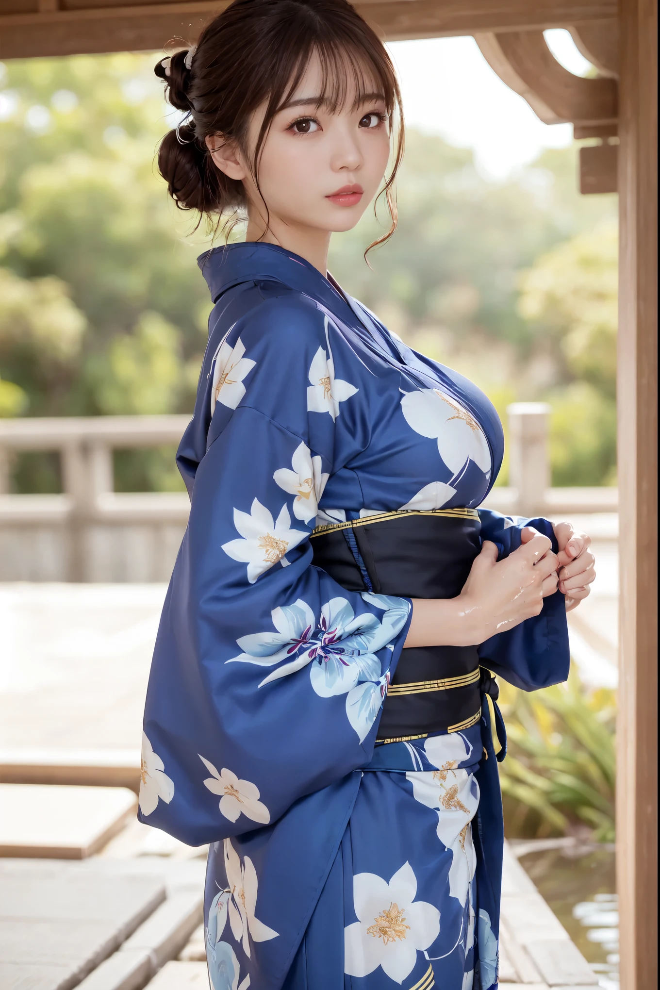 body、japanese woman、very thin waist、thin waist、((very big breasts:1.2))、long hair、ponytail、beautiful eyes、natural skin、ultra fine face、perfect hands、Best ratio、hyper realistic, ((Long-sleeved yukata))、 8K, muste piece, super detail, high quality, best quality, High resolution、very red cheeks、very wet body