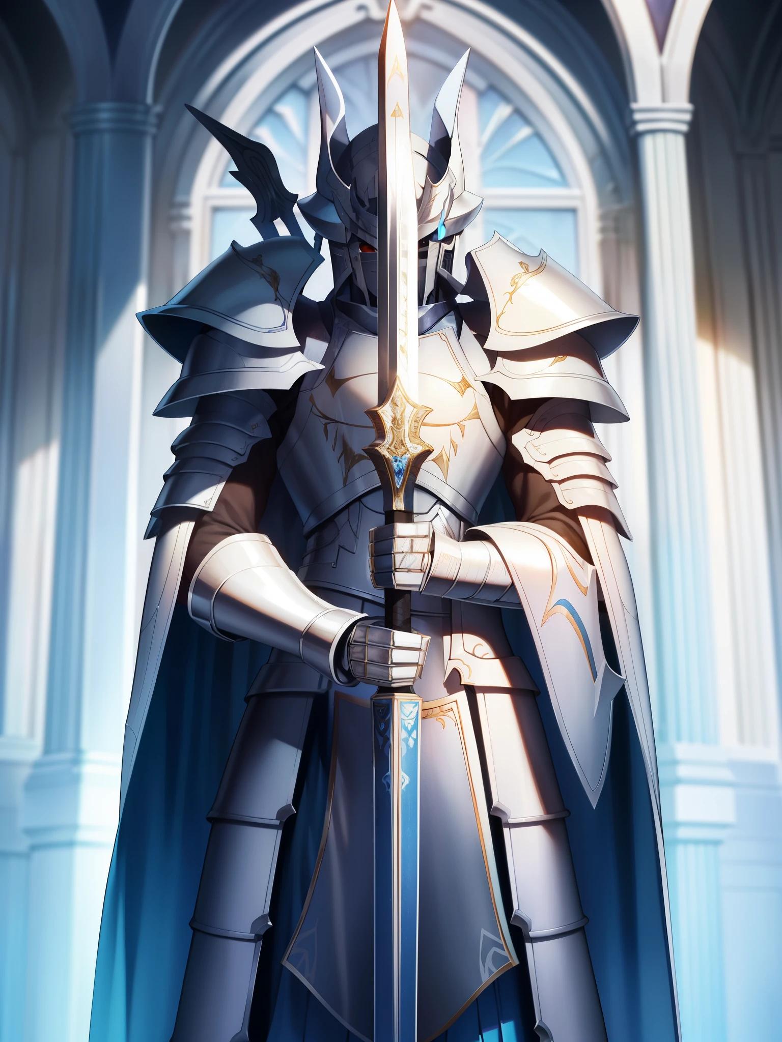 (masterpiece、highest quality、highest quality、official art、Beautiful and aesthetic: 1.2)、(8k、highest quality、masterpiece: 1.2)、CG divine sword、armizui-colored armor、solo、posture、ice、shine、iceの剣、1 teenager、arms持ち、shrubbery、male focus、水色のarms、Are standing、Helmet、gauntlet、sword holding、Light blue sword、planted sword、shoulder armor、Gradation、Gradation背景、greaves、pauldron、(iceの輝き: 1.3) 、