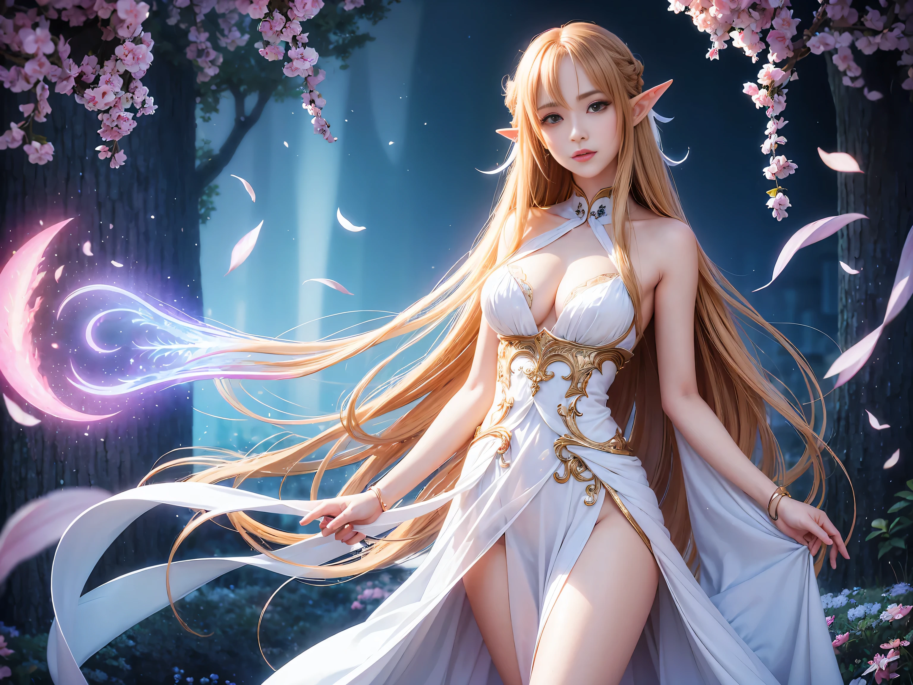 A graceful elf girl stands in a meadow, her delicate features illuminated by the soft light of the setting sun. Her long, flowing hair cascades down her back, adorned with intricate braids and adorned with sparkling jewels. This stunning painting captures the ethereal beauty of elves. Her slender figure in a silk dress sways in the soft meadow breeze. The artist's attention to detail is evident in the intricate patterns of her dress and the subtle highlights of her luminescence. skin. This breathtaking depiction of an elf girl exudes a sense of enchantment and transports the viewer to a magical world. The beautiful elf magician is awe-inspiring as she holds a magician's staff, uses fireball magic, and is about to defeat the Demon King with explosion magic., If you pull up your skirt, you can see your see-through panties and it will be embarrassing., (A superb exquisite Asuna Yuuki),(Asuna Yuuki:1.5), long hair, brown hair, streaked hair, brown eyes, star-shaped pupils, straight bangs, solo, nature, extremely delicate, straight facial features, peerless beautiful girl, soft, (sensual face), ((ecchi face)), dreamy quality, exaggerated facial features, solid color, frank holly, delicate face, bright lips, slender waist, soft curves, real light and shadow, super fine, 4k, natural moving, Ultra high resolution, (masterpiece:1.2, best quality), (finely detailed beautiful eyes: 1.2), (beautiful detailed face), detailed anime artwork, clean detailed anime art, detailed digital anime art, detailed anime art, beautiful anime portrait, beautiful anime girl, beautiful anime artwork, beautiful anime art, beautiful anime style, detailed portrait of anime girl, anime girl, beautiful anime, anime illustration,Medium chest, slender body,unparalleled beauty sexy and very beautiful face、Super long silky shiny blonde hair、long swaying bangs、Sexy 15 years old、beautiful cute pearl eyes beautiful girl、Silky skin、Very big blue eyes,