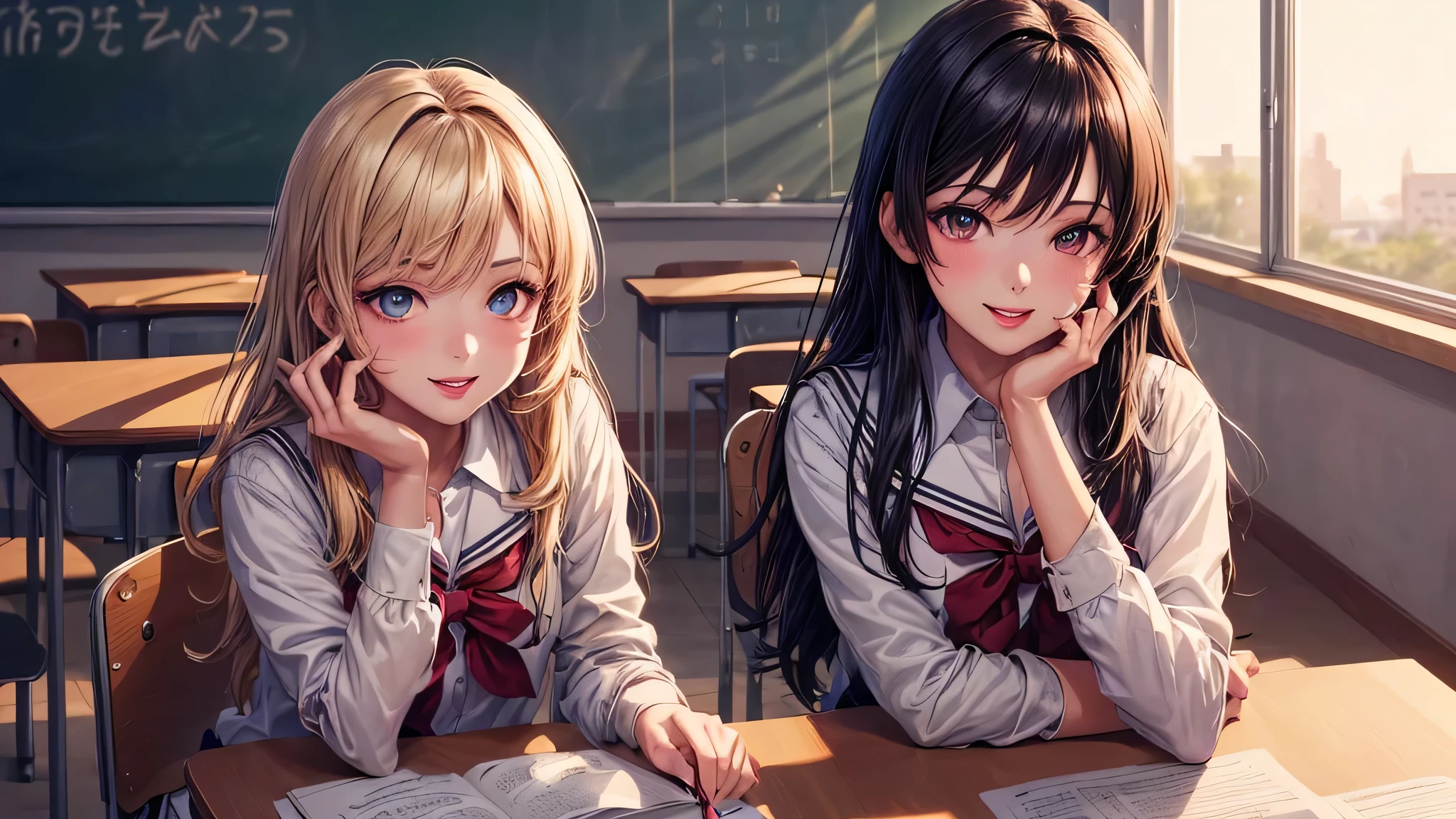 (2 girls:1.2), incredibly beautiful face, compensate, lipstick, enchanting smile, (school uniform, mini skirt:1.2), (highest quality: 1.4), (Super detailed), (highest quality:1.4), (super detailed), evening, (anime illustration), very high resolution, (Upper body), close up face, (School, classroom), School anime,  anime illustration,