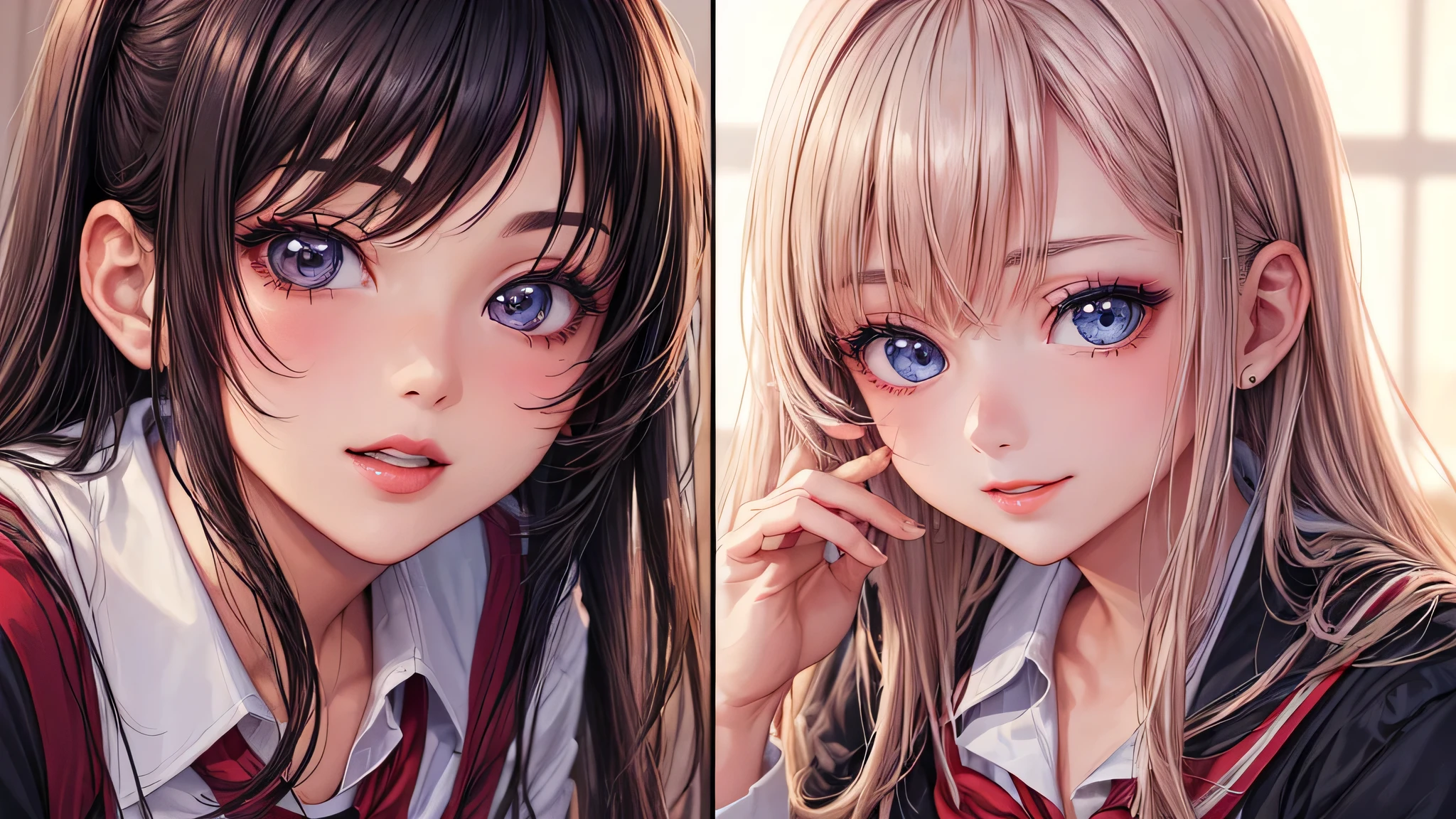 (2 girls:1.2), incredibly beautiful face, compensate, lipstick, enchanting smile, (school uniform, mini skirt:1.2), (highest quality: 1.4), (Super detailed), (highest quality:1.4), (super detailed), evening, (anime illustration), very high resolution, (Upper body), close up face, (School, classroom), School anime, anime illustration,