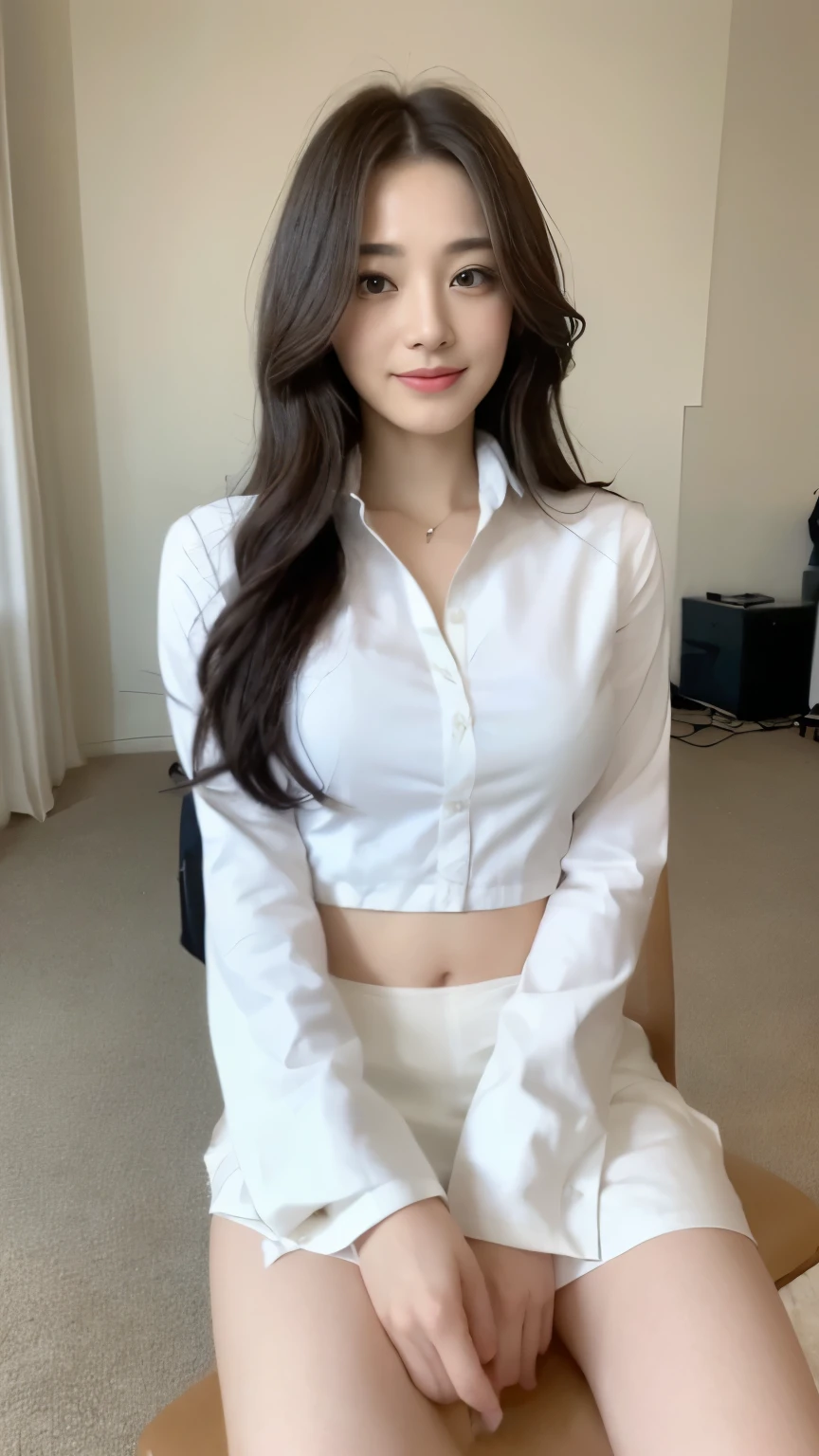 ((top-quality、8k、masterpiece:1.3))、Beautiful woman with perfect body:1.4、slim abdomen:1.2、Longhair, normal breast, Highly detailed facial and skin texture, A detailed eye, delicate eyes, double eyelid, (smile), (full body shot), ((office)), ((sitting on chair)), ((wearing white uniform)), looking in front