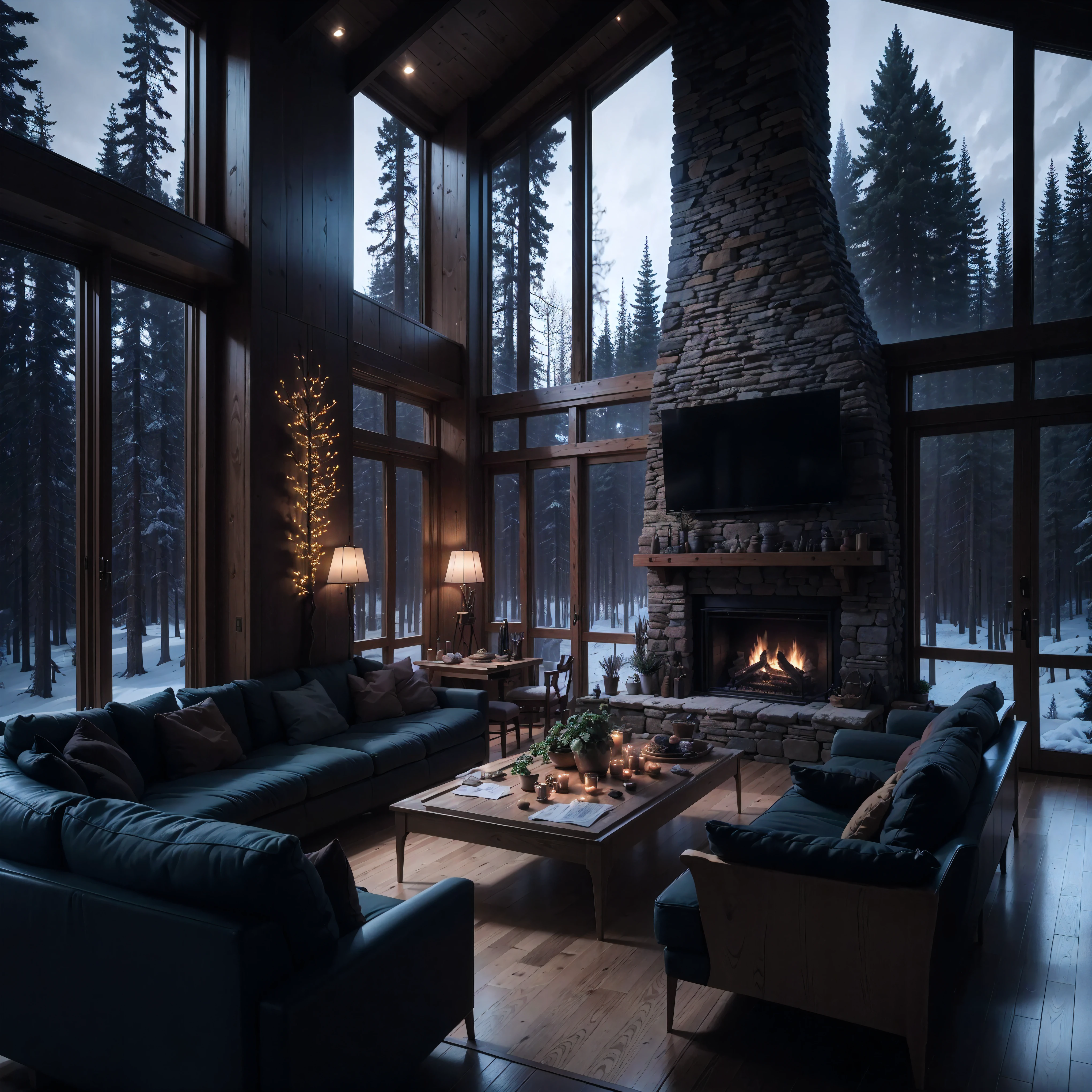 THIS EVENING WOODEN CABIN LIVING ROOM ANIME BACKGROUND, (COZY ATMOSPHERE), (SUBTLE LIGHTING), BRIGHT STONE FIREPLACE FIRE, LIONSKIN RUG THIS EVENING BEST QUALITY, TRANSPARENT GLASS WINDOWS