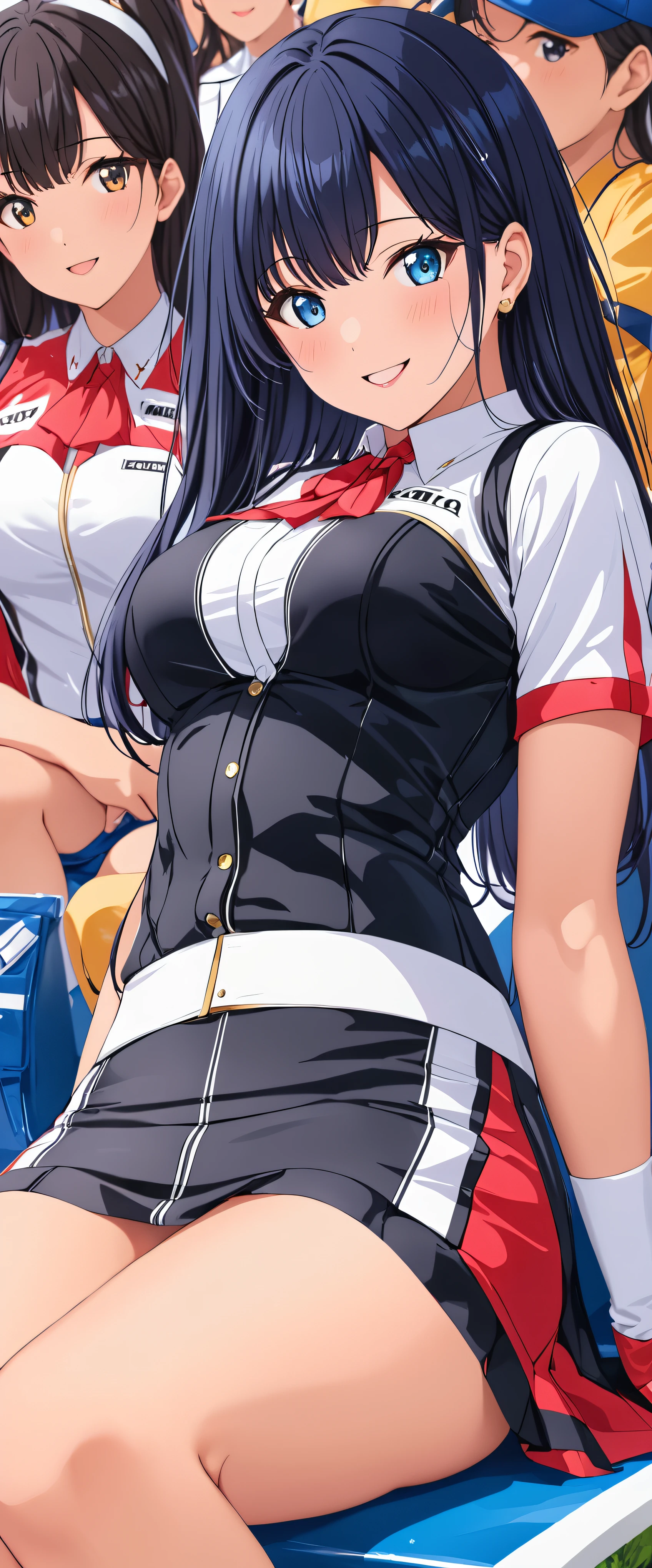 1 female,black hair,************,(((Shiny race queen uniform with exposed navel)))(((blush、open mouth smile)),(((straight hair))),(((portrait))),crowd,,(wet with sweat)(leather thigh high boots)(((beautiful breasts)))((sit))