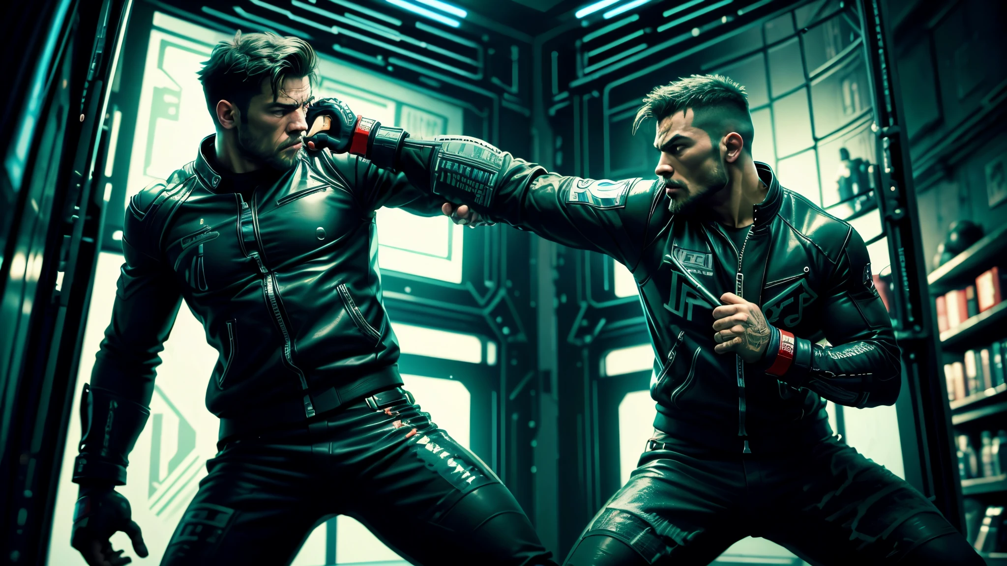 best quality, ultra high resolution，masterpiece, （reality）A man wearing a black leather jacket，Fighting in a cage with a UFC fighter