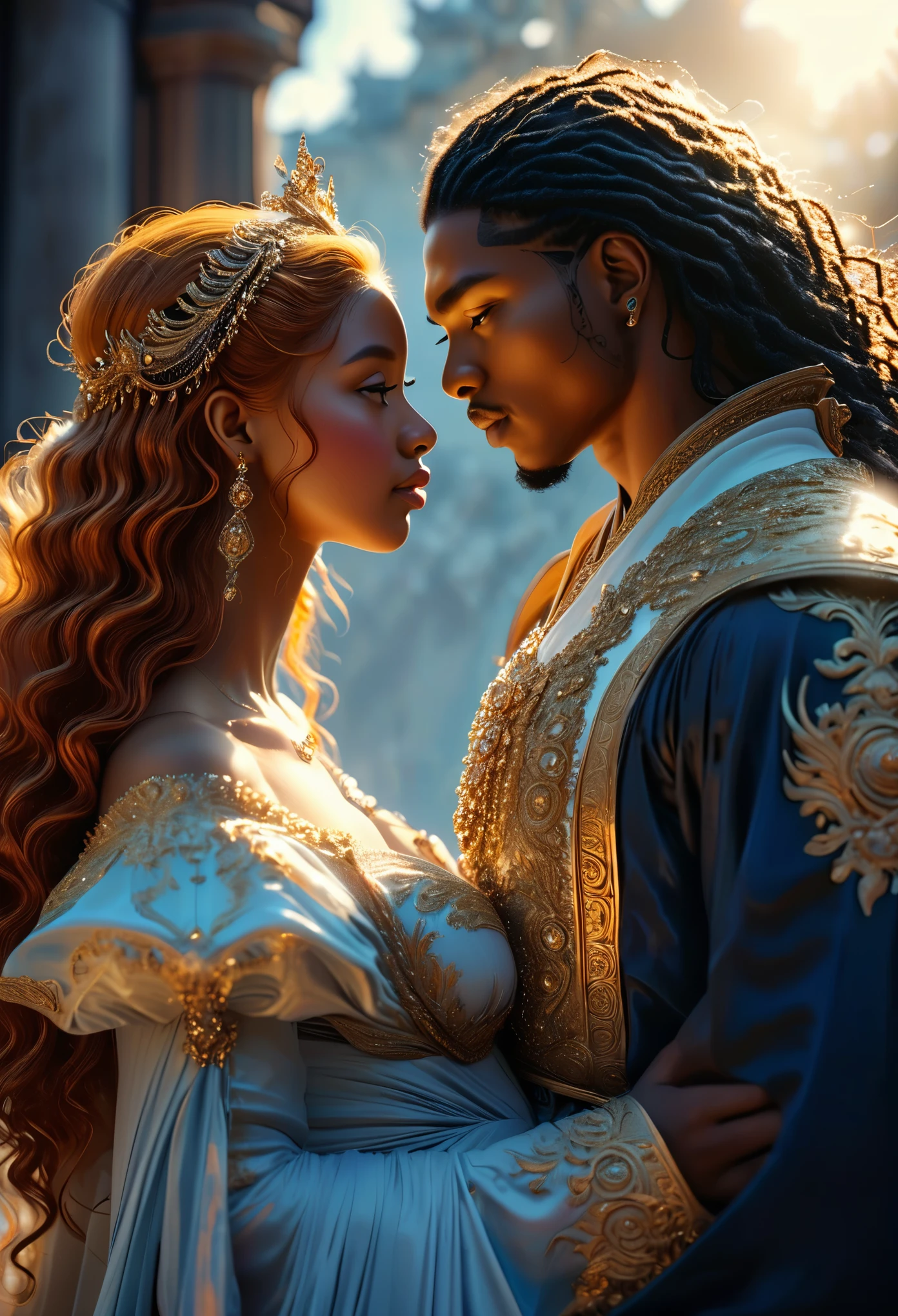 Novel in celestial landscape, a beautiful young darkskin couple with (((a long ginger hair pregnant young warrior))) with (((a young imperial duke with black hair))), he is in love but not she, very fine face, (((very beautiful))), perfect faces, whole body, romantic scene, romantic Way, sexy couple, 8K, extremely detailed, (high quality, realistic, photorealistic: 1.37), Full body, ideal proportions and defined complexion, meticulously crafted features, unreachable beauty, perfection, artistic masterpieces, vivid realism, hyper-detailed sculptures, life-like forms, truly awe-inspiring, impeccable craftsmanship, pure radiance, ethereal beauty, delicate contours, striking poses, sublime beauty, subtle nuances, dynamic compositions, vibrant colors, perfect lighting, soulful expressions, celestial aura, majestic presence, dreamlike atmosphere, unmatched gdetailed octane render trending on artstation, 8 k artistic photography, photorealistic concept art, soft natural volumetric cinematic perfect light, chiaroscuro, award - winning photograph, masterpiece, beautiful detailed intricate insanely