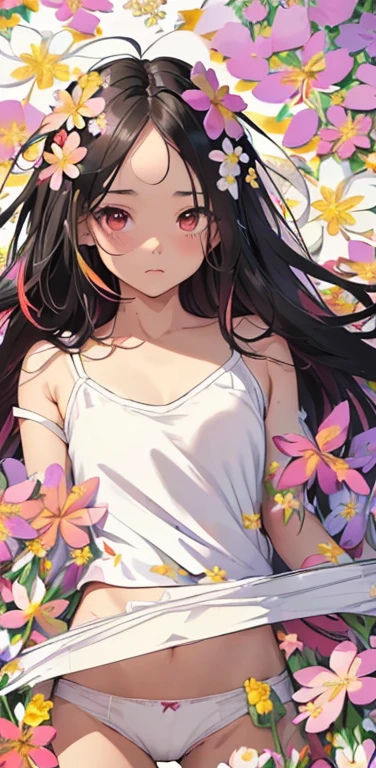 (8K、highest quality、masterpiece:1.2)、Super detailed、super resolution、Realistic、anime:1.2,(1girl) 、(black hair)、long hair,straight hair,red eyes、(forehead:1.3),(face focus,upper body),(white camisole white panties:1.5)、(clear face:1.3),cute face,blush、small breasts,(surrounded by many colorful flowers:1.8 ),