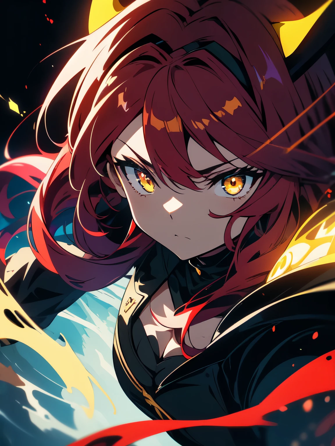 (8k, highest quality, masterpiece)、(anime art:1.4),(Shining eyes , detailed)、1 girl, redhead, (dragon horns on head), (beautiful face)、cool black armor、Dark costume that shows cleavage、wears blue jewelry, ears are sticking out, Pause: dynamic angle、whole body、shadow, yellow eyes, There is a thick fog around、dark fantasy、beautiful anime
