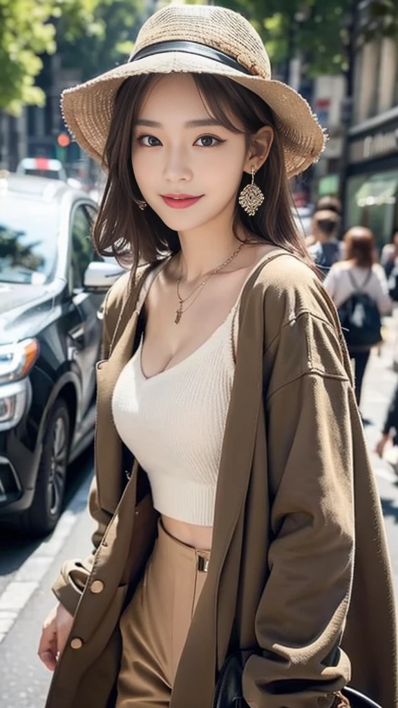 （３２K,high detail,high details,High resolution,high density,solo：1.3）,（realistic person々,live action,detailed eye,High resolutionの目,fine eyes,Eyes that look like they&#39;re alive,beautiful dark blue eyes,Fishing eyes,lip details,clear white skin,detailed realistic face：1.3）,（japanese id,korean idol,japanese model,korean model,Korean K-POP female idol：1.2）,（with a flushed face,natural makeup,necklace,earrings,へそearrings：1.4）（cargo pants,Colorful tops with an oversized silhouette,big silhouette coat,leather boots,hat,Mode style, beautiful casual look：1.6）,（well-shaped chest：1.5）,（Sexy and very beautiful koreans１6 years old ,cool eyes,smile a little,backwards,looked back,looking at camera,fashion leader,Fashion Model,soft skin,Unforgettable eyes,her eyes are too beautiful,I want to go to the Paris Collection....,cutting edge fashion：1.6）,（Show me your whole body,show off your whole body fashion,Fashion that stands out：1.7）