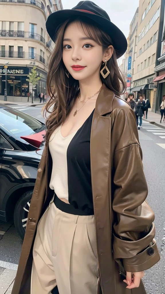 (32K,high detail,high details,High resolution,high density,solo:1.3),(realistic person々,live action,detailed eye,High resolutionの目,fine eyes,Eyes that look like they're alive,beautiful dark blue eyes,Fishing eyes,lip details,clear white skin,detailed realistic face:1.3),(japanese id,korean idol,japanese model,korean model,Korean K-POP female idol:1.2),(with a flushed face,natural makeup,necklace,earrings,へそearrings:1.4)(cargo pants,Colorful tops with an oversized silhouette,big silhouette coat,leather boots,hat,Mode style, beautiful casual look:1.6),(well-shaped chest:1.5),(Sexy and very beautiful koreans16 years old ,cool eyes,smile a little,backwards,looked back,looking at camera,fashion leader,Fashion Model,soft skin,Unforgettable eyes,her eyes are too beautiful,I want to go to the Paris Collection....,cutting edge fashion:1.6),(Show me your whole body,show off your whole body fashion,Fashion that stands out:1.7)