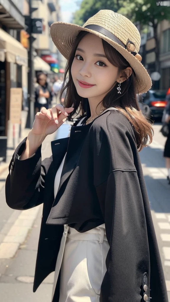 (32K,high detail,high details,High resolution,high density,solo:1.3),(realistic person々,live action,detailed eye,High resolutionの目,fine eyes,Eyes that look like they're alive,beautiful dark blue eyes,Fishing eyes,lip details,clear white skin,detailed realistic face:1.3),(japanese id,korean idol,japanese model,korean model,Korean K-POP female idol:1.2),(with a flushed face,natural makeup,necklace,earrings,へそearrings:1.4)(cargo pants,Colorful tops with an oversized silhouette,big silhouette coat,leather boots,hat,Mode style, beautiful casual look:1.6),(well-shaped chest:1.5),(Sexy and very beautiful koreans16 years old ,cool eyes,smile a little,backwards,looked back,looking at camera,fashion leader,Fashion Model,soft skin,Unforgettable eyes,her eyes are too beautiful,I want to go to the Paris Collection....,cutting edge fashion:1.6),(Show me your whole body,show off your whole body fashion,Fashion that stands out:1.7)