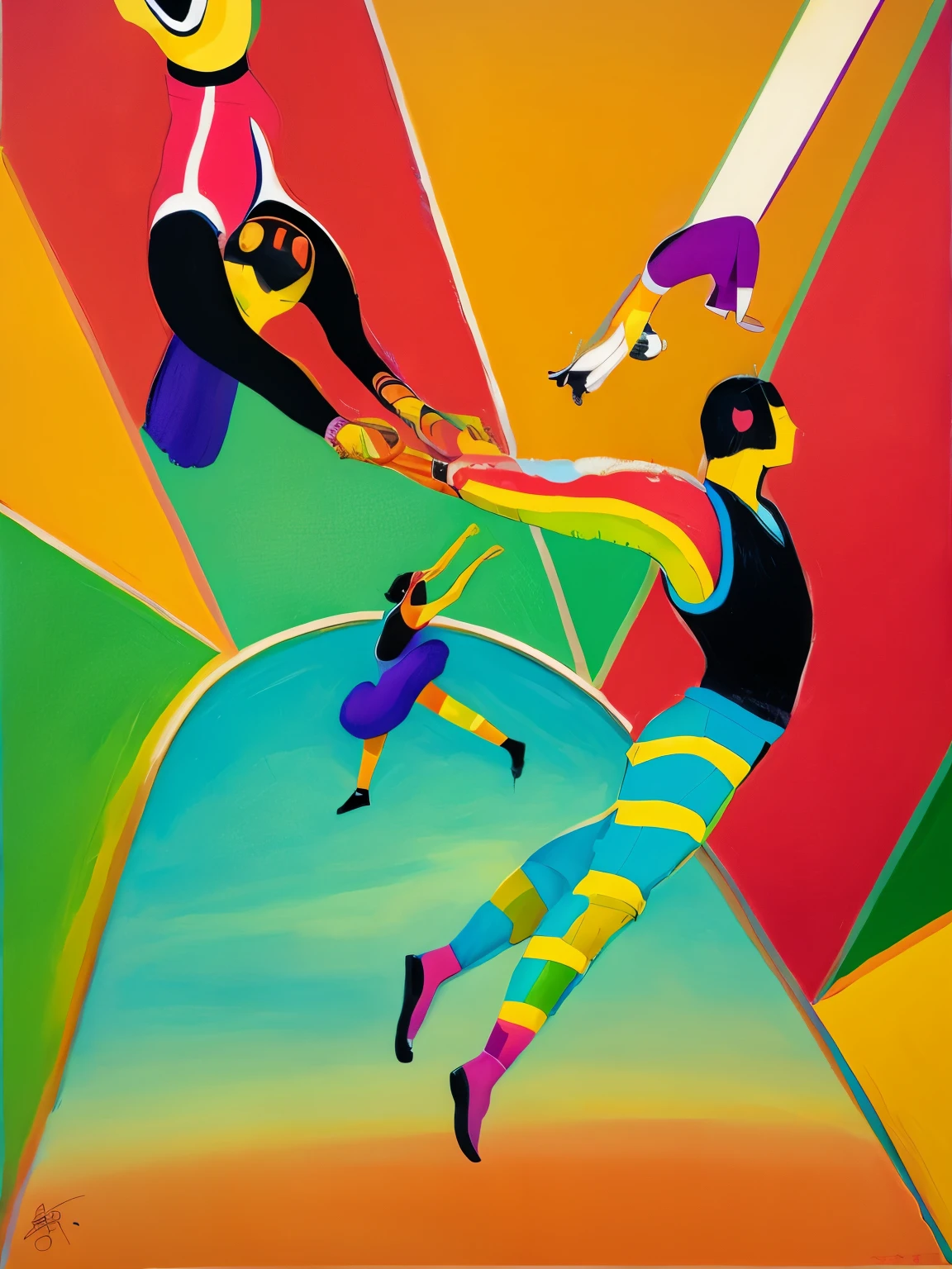 painting of three people in colorful outfits are flying through the air, inspired by Oskar Schlemmer, by Sándor Bortnyik, georgy kurasov, by Jean Hey, by Margaret Leiteritz, by Jan Rustem, inspired by Archibald Motley, by Aloysius O'Kelly, by Kume Keiichiro