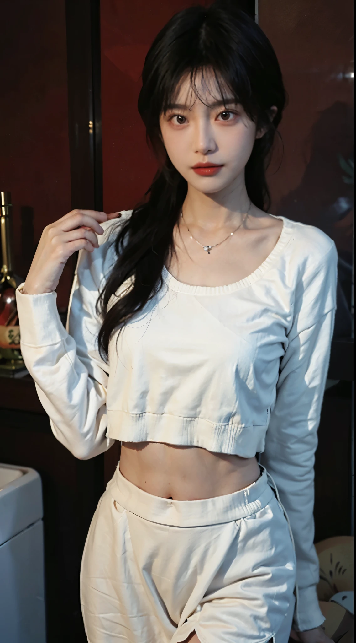 best quality， ultra high resolution， （realistically：1.4），cute hairpin，Baoyu Girl，lipstick，1 girl, ,Red cropped sweater，，Beautiful woman with slim figure:1.4, abdominal muscles:1.1,   bathroom,Super thin face，exquisite eyes，double eyelids，necklace