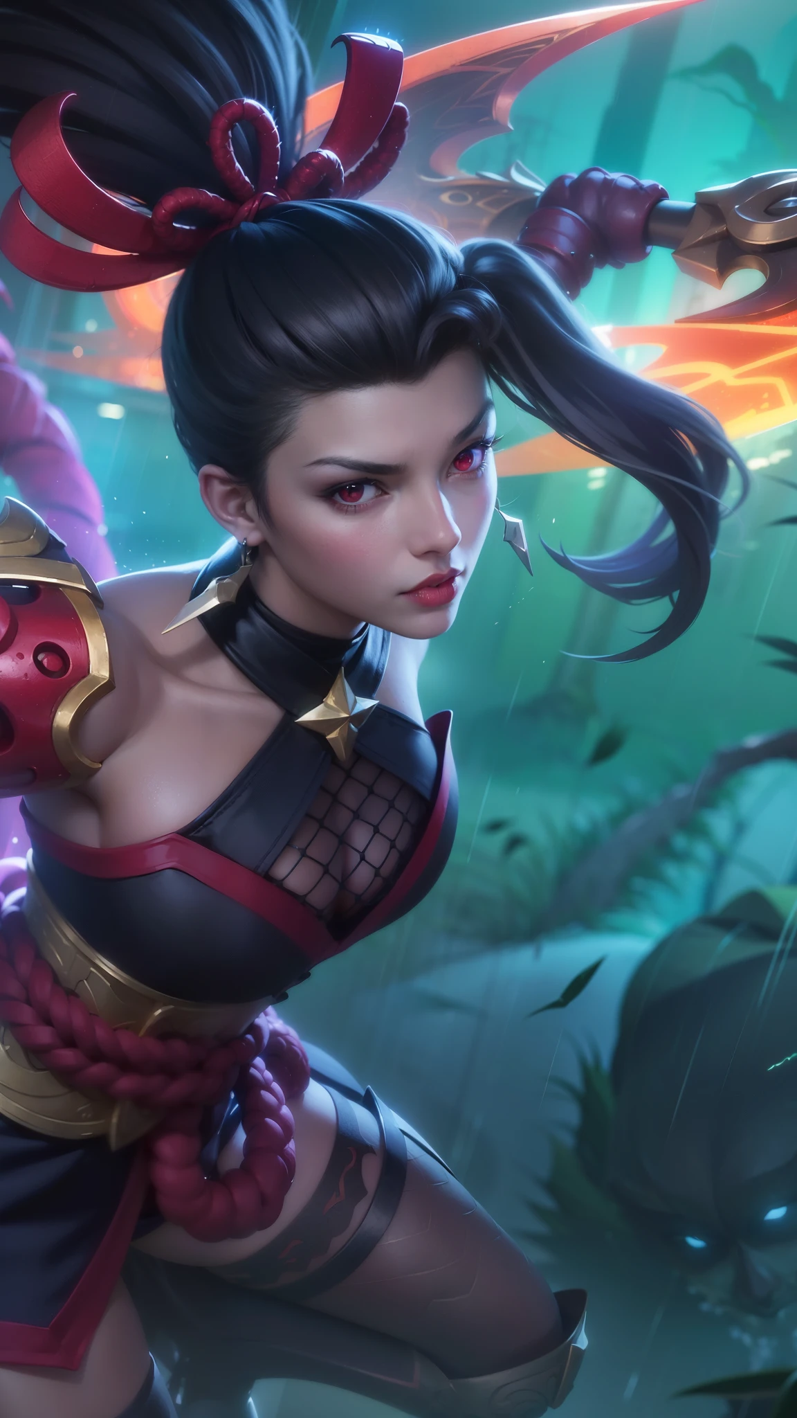 (female:1.2), 8k, ultra hd, ultra detailed texture, hyper realistic, masterpiece, detailed texture, detailed face, detailed skin, detailed lighting, (photorealistic:1.5), best quality, beautiful lighting, cinematic lighting, professional lighting, ultra highres, realistic, detailed hair, real hair, high quality, (realskin:1.5), extremely detailed, finely detail, ultra-detailed, 1girl, solo, elf, pointy ears, standing, demon horns, forehead protector, (red eyes:1.5), v-shapped eyebrow, lips, red lips, evil smile, nose, make up, pretty, beautiful, cute face, long hair, blue hair, high ponytail, large breasts, cleavage, armpit, navel, stomach, black armor, pauldrons, bare shoulders, shoulder armor, thigh high, sleevless, detached sleeves, breastplate, gauntlets, karina \(mobile legends\), depth of field, looking aways, white skin, skin tight, amazing pose, outdoors, glowing, dark view.