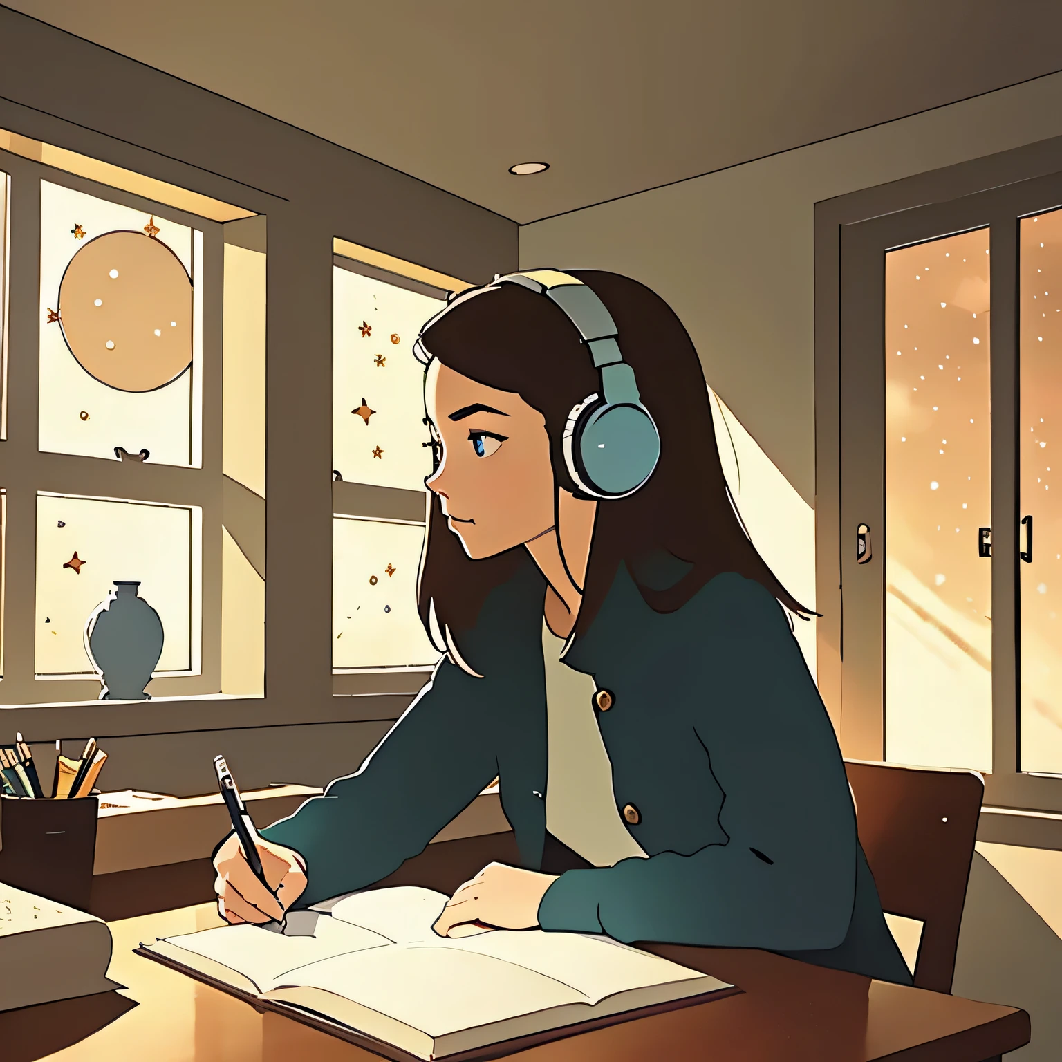 masterpiece:1.2,best quality:1.3,18-year-old woman with a heart-shaped face, and distinctive features. She is studying alone in her room, Take notes in a book. The room is quiet and has lighting., And the stars twinkle outside the window. I can see her profile. The night view shines outside the window. In front of her is a pencil holder for writing utensils.. She listens to music with headphones. her eyes are in the book. The rooms have a modern interior...