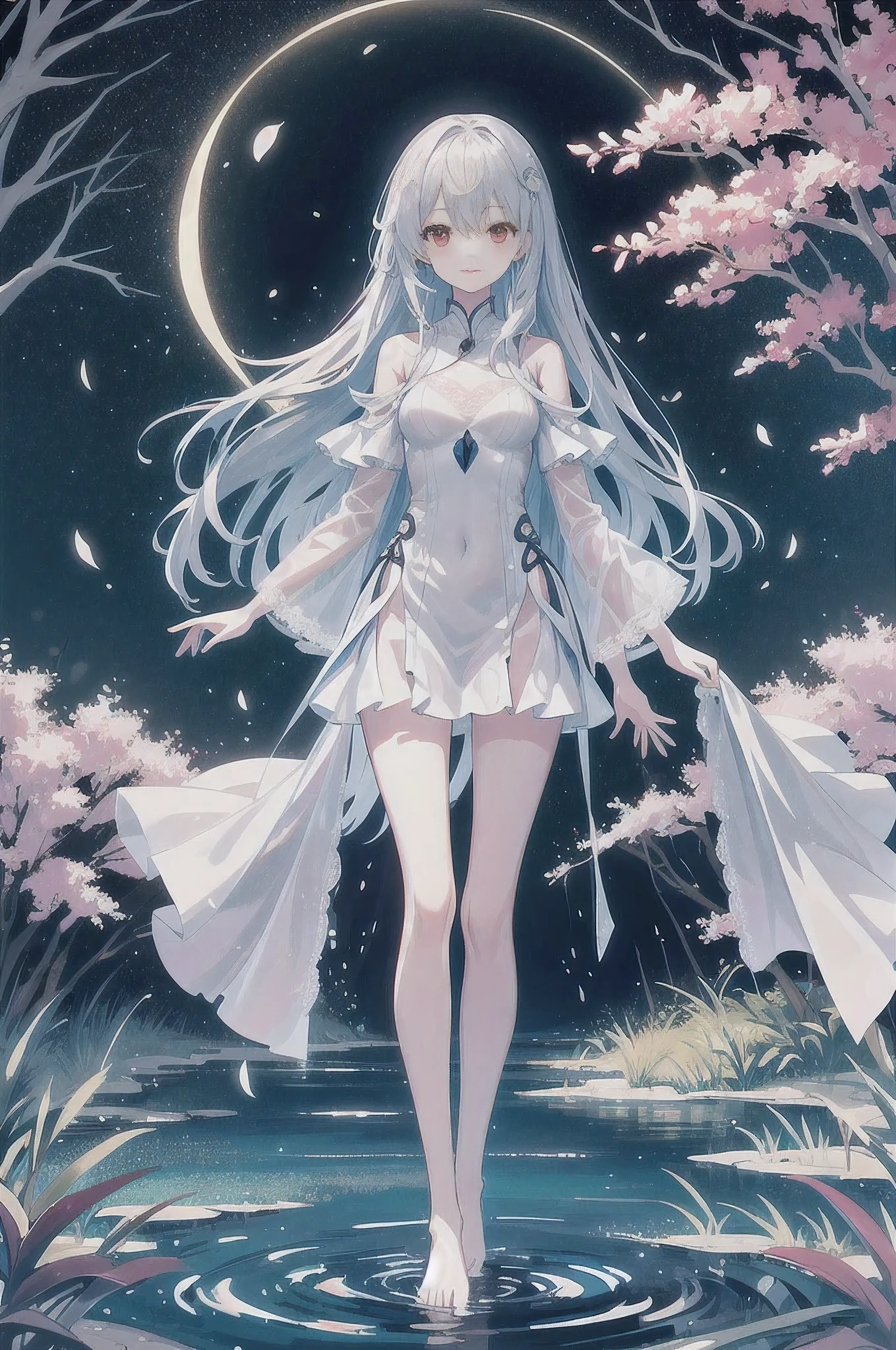 Dreamy beautiful moonlight in dark forest。View of a -yeld gifrom above。(wet silver hair and red eyes)。smile slightly。She only wore a long transparent white cloth，It has beautiful lace trim on it。Soak the cloth in water。(splashing in the dark forest lake at night)。(Hair or clothes are wet)。splash。Wet hair。Dripping water droplets。梦幻般的萤火虫在空中float、Light also reflects from water。near method and far method。Glitter effect。Dynamic composition with depth。extremely high quality、high level of image quality、extremely refined。Rare workmanship，round,Room, firm breasts），barefoot，float，water surface，（long legs，long legs，long legs，Gestalt），full-body shot。standing posture