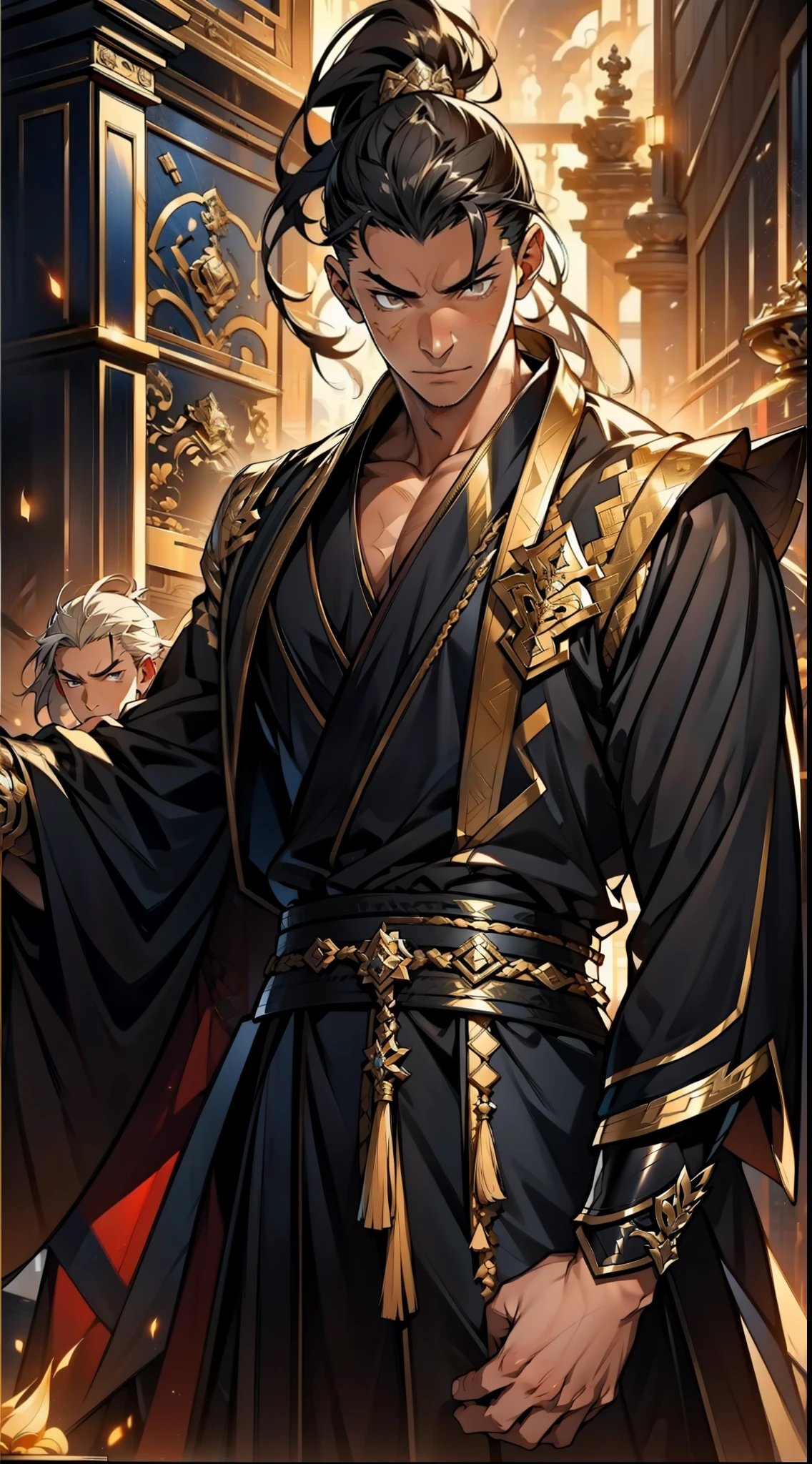 one person(male warrior),proportions are correct,facial details,swordsman,high ponytail hairstyle,neck detail,Have an Adam's apple,Black and gold robe,joke,Black and gold robe,clothing details,Hand over,long sleeves,Game quality,fencing,Ray tracing,Ray tracing,Detailed glow,CG rendering,hair details,Long black and blond hair,Black-gold eyes,Handsome,Handsome,(Youthful feeling),Costumes are complicated,Perfect composition,refine,high quality,higher details,many details,Complex background,a sense of atmosphere,