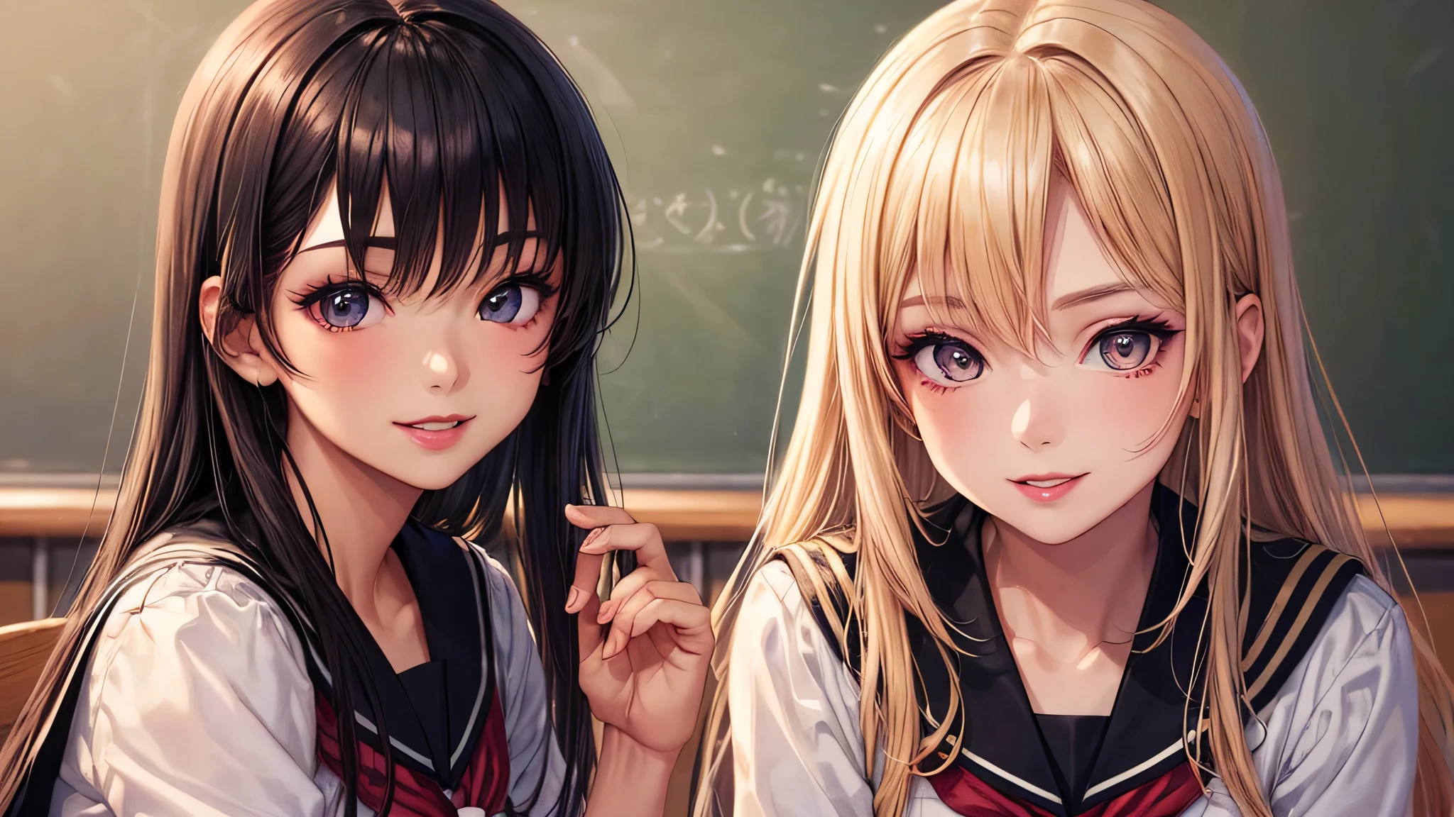 (2 girls:1.2), incredibly beautiful face, compensate, lipstick, enchanting smile, (school uniform, mini skirt:1.2), (highest quality: 1.4), (Super detailed), (highest quality:1.4), (super detailed), evening, (anime illustration), very high resolution, (Upper body), close up face, (School, classroom), School anime,  anime illustration,
