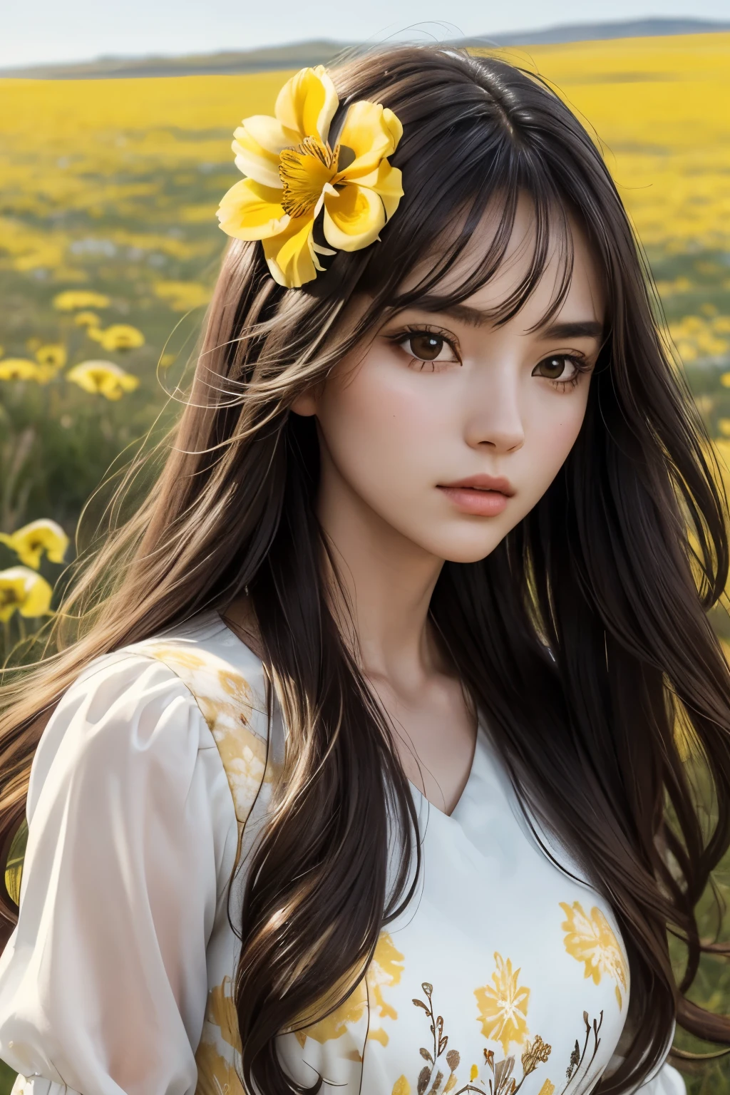 (Beautiful girl_one person),(long hair_dark brown,Bold waves),(pretty face_Clear facial features,expressionless,White skin,immaculately clear),((costume_Pure white dress(yellow floral pattern)),(whole body_Good ratio),(background_Vast grasslands_wild flower with unknown name),(style_realistic,realistic details),(picture quality_high quality,8K),