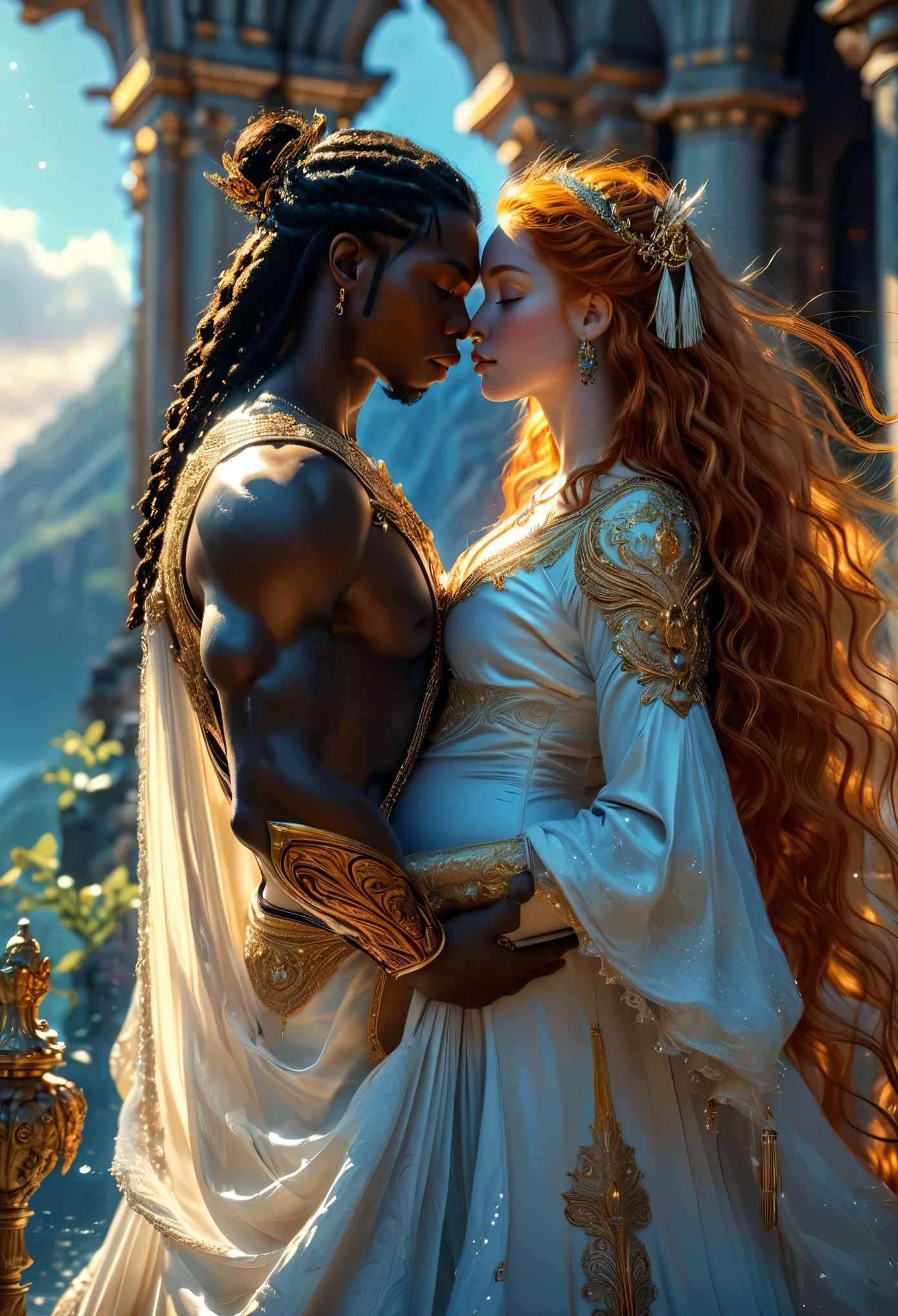 Novel in celestial landscape, a beautiful young darkskin couple with (((a long ginger hair pregnant young warrior))) with (((a young imperial duke with black hair))), he is in love but not she, very fine face, (((very beautiful))), perfect faces, whole body, romantic scene, romantic Way, sexy couple, 8K, extremely detailed, (high quality, realistic, photorealistic: 1.37), Full body, ideal proportions and defined complexion, meticulously crafted features, unreachable beauty, perfection, artistic masterpieces, vivid realism, hyper-detailed sculptures, life-like forms, truly awe-inspiring, impeccable craftsmanship, pure radiance, ethereal beauty, delicate contours, striking poses, sublime beauty, subtle nuances, dynamic compositions, vibrant colors, perfect lighting, soulful expressions, celestial aura, majestic presence, dreamlike atmosphere, unmatched gdetailed octane render trending on artstation, 8 k artistic photography, photorealistic concept art, soft natural volumetric cinematic perfect light, chiaroscuro, award - winning photograph, masterpiece, beautiful detailed intricate insanely