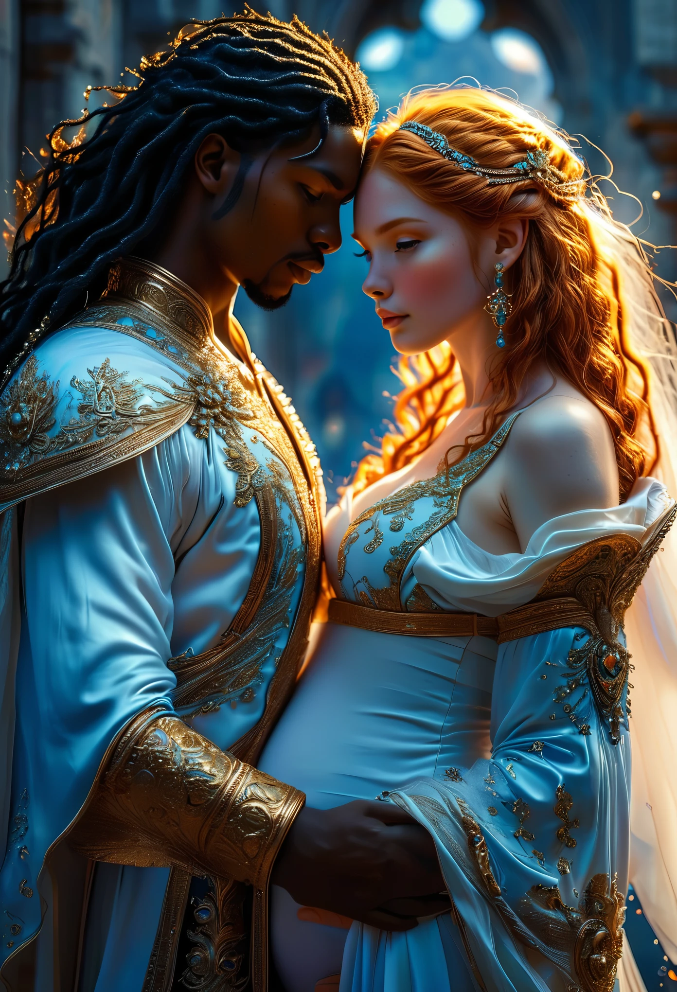 Novel in celestial landscape, a beautiful young darkskin couple with (((a long ginger hair pregnant young warrior))) with (((a young imperial duke with black hair))), he is in love but not she, very fine face, (((very beautiful))), perfect faces, whole body, romantic scene, romantic Way, sexy couple, 8K, extremely detailed, (high quality, realistic, photorealistic: 1.37), Full body, ideal proportions and defined complexion, meticulously crafted features, unreachable beauty, perfection, artistic masterpieces, vivid realism, hyper-detailed sculptures, life-like forms, truly awe-inspiring, impeccable craftsmanship, pure radiance, ethereal beauty, delicate contours, striking poses, sublime beauty, subtle nuances, dynamic compositions, vibrant colors, perfect lighting, soulful expressions, celestial aura, majestic presence, dreamlike atmosphere, unmatched gdetailed octane render trending on artstation, 8 k artistic photography, photorealistic concept art, soft natural volumetric cinematic perfect light, chiaroscuro, award - winning photograph, masterpiece, beautiful detailed intricate insanely