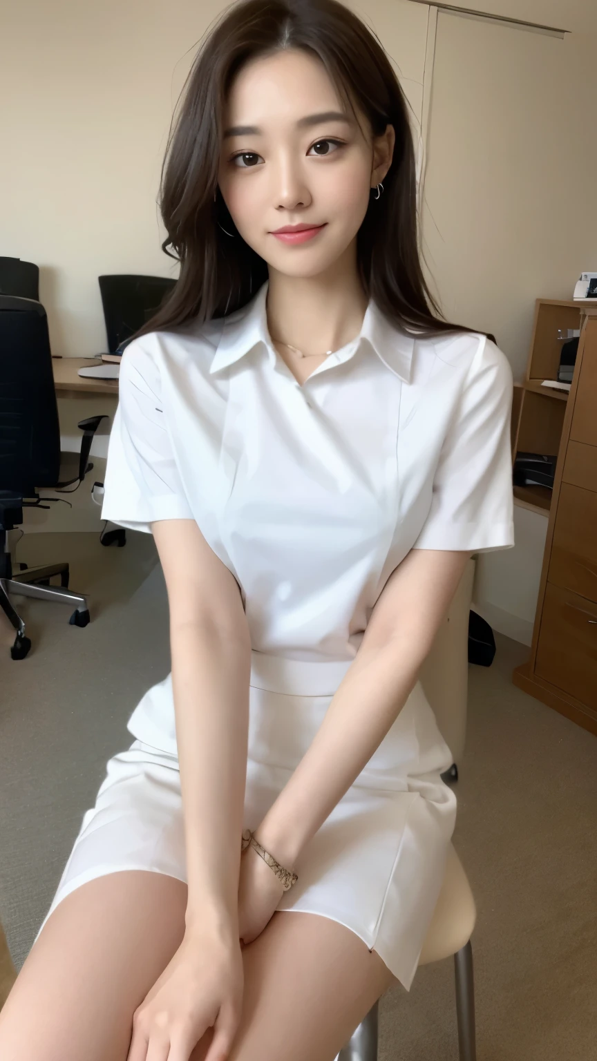 ((top-quality、8k、masterpiece:1.3))、Beautiful woman with perfect body:1.4、slim abdomen:1.2、Longhair, normal breast, Highly detailed facial and skin texture, A detailed eye, delicate eyes, double eyelid, (smile), (full body shot), ((office)), ((sitting on chair)), ((wearing white uniform)), looking in front