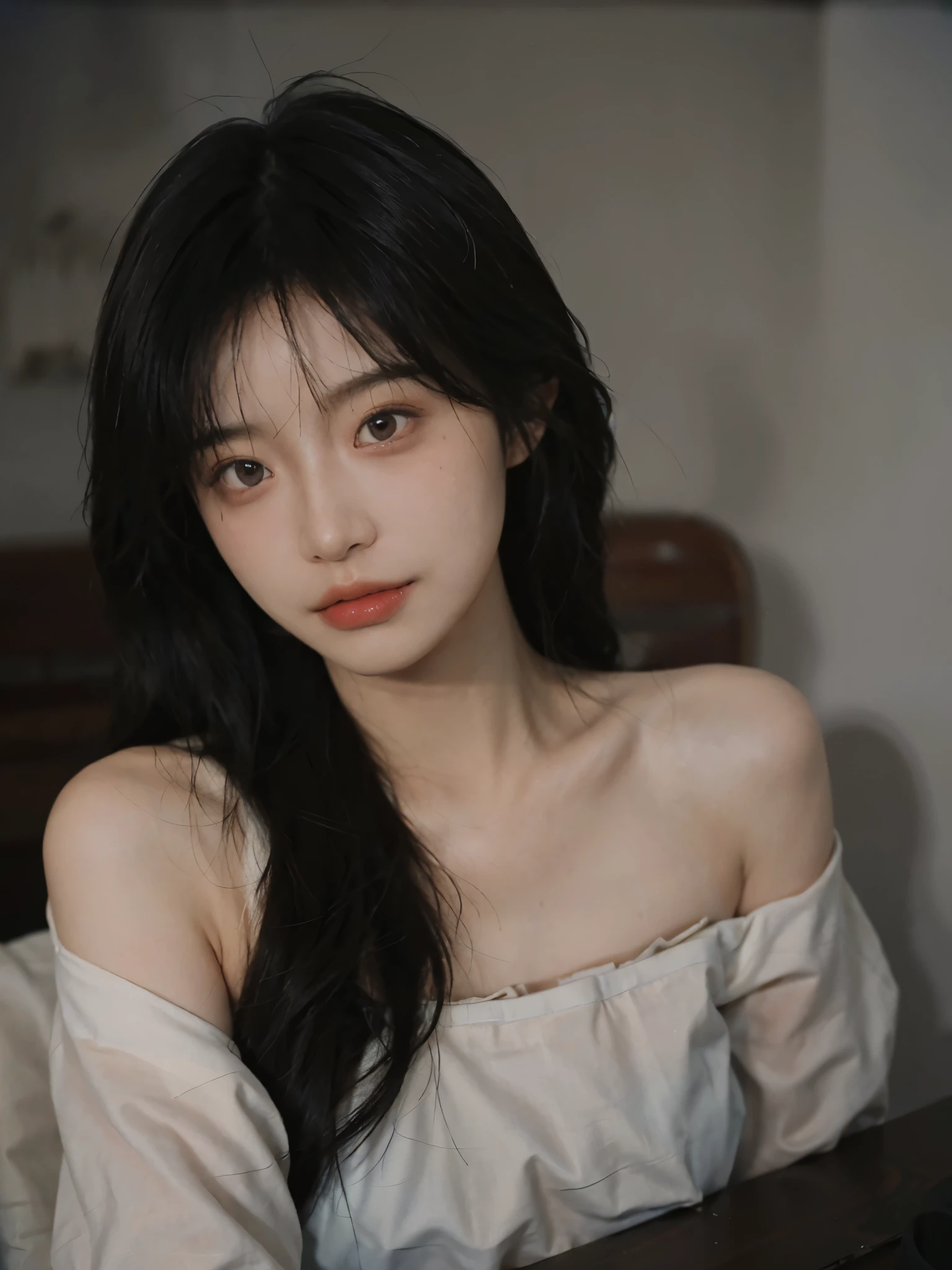 Film portrait photography, 1 girl, bare shoulders, Shoulder length wavy hair, serene, calm, (Realistic and detailed eyes, natural skin texture, Realistic facial details), Soft dramatic lighting, depth of field, Bokeh, Vibrant details, Detailed and detailed, surreal, 35mm film, hazy, ,