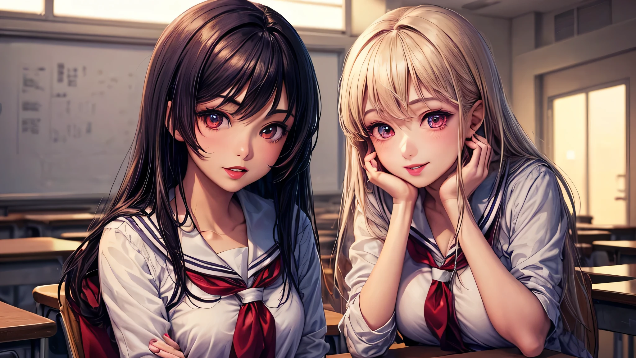 (2 girls:1.2), incredibly beautiful face, compensate, lipstick, enchanting smile, (school uniform, mini skirt:1.2), (highest quality: 1.4), (Super detailed), (highest quality:1.4), (super detailed), evening, (anime illustration), very high resolution, (Upper body), close up face, (School, classroom), School anime, anime illustration,