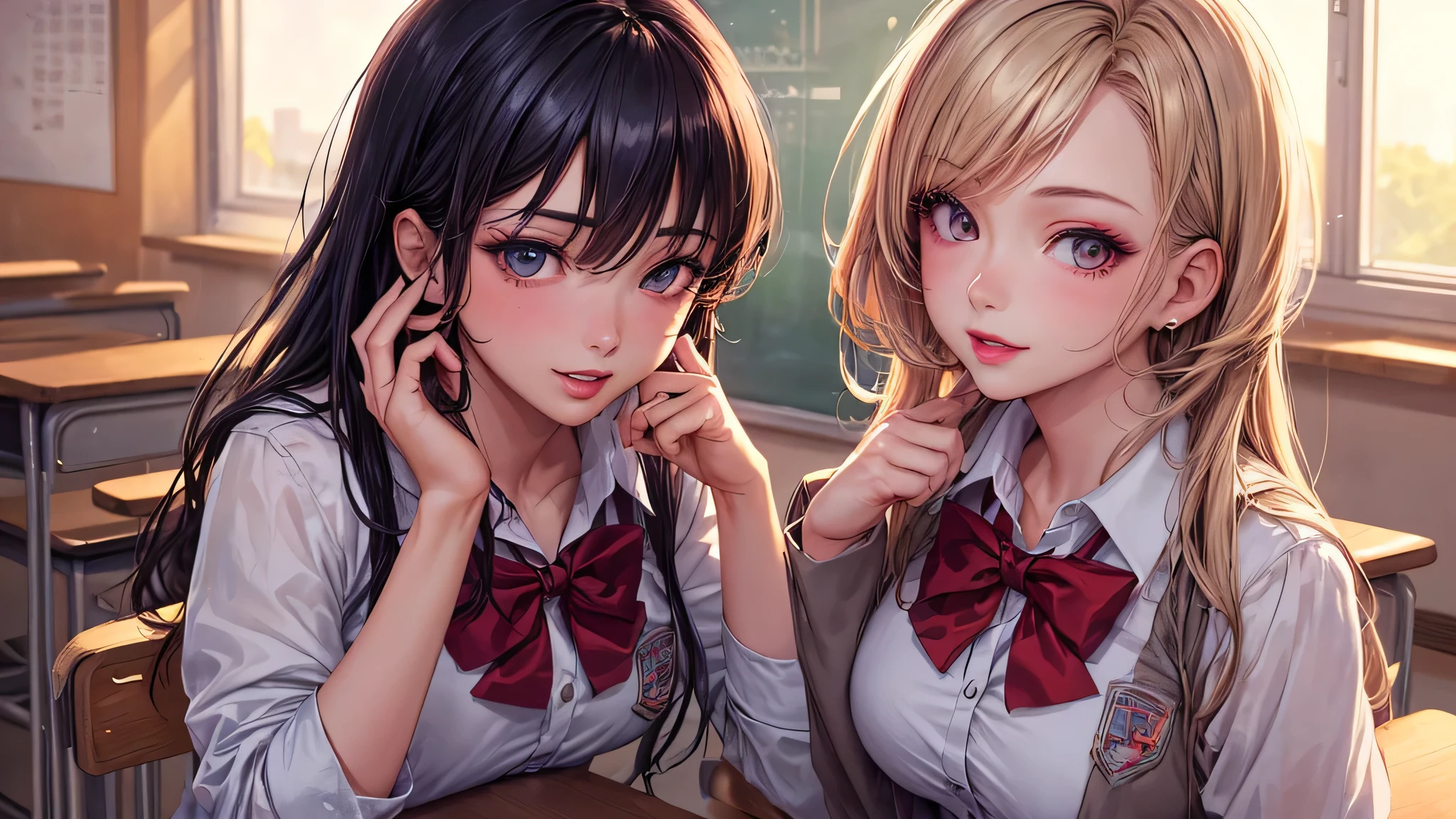 (2 girls:1.2), incredibly beautiful face, compensate, lipstick, enchanting smile, (school uniform, mini skirt:1.2), (highest quality: 1.4), (Super detailed), (highest quality:1.4), (super detailed), evening, (anime illustration), very high resolution, (Upper body), close up face, (School, classroom), School anime, anime illustration,