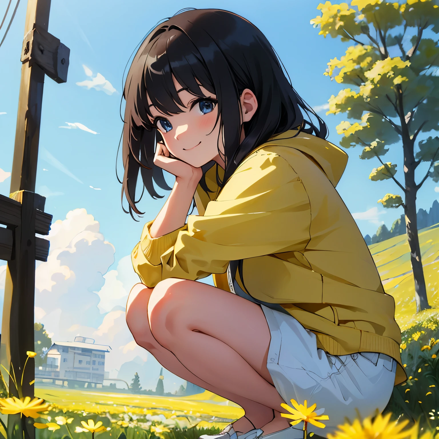 masterpiece, best quality, 8k, highres, ultra detailed, ultra detailed background, high contrast, 1girl, solo, young adult, smiling, squatting, close-up, looking at flower, joyful, casual clothing, outdoor, a dandelion, roadside, spring day, sunlight, serene