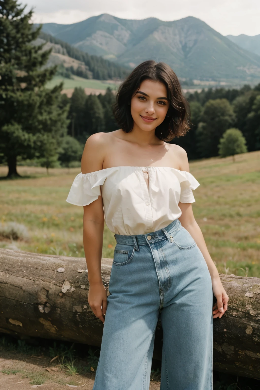 Beautiful girl standing in valley, surrounded by nature's splendor, age 25, with black short hair cascading around her shoulders, captures a striking waist shot in a stylish pose. Smiling effortlessly, she dons a denim outfit that perfectly complements the scenic backdrop. Her beautiful eyes gleam with radiance, adorned with sweet makeup that enhances her natural charm. Shot with a 35mm lens, the photograph exudes a photorealistic appeal in soft focus, using Kodak Portra 800 film and 8k resolution for the highest quality and masterpiece results. The beautiful lighting casts a warm and inviting glow on the scene,