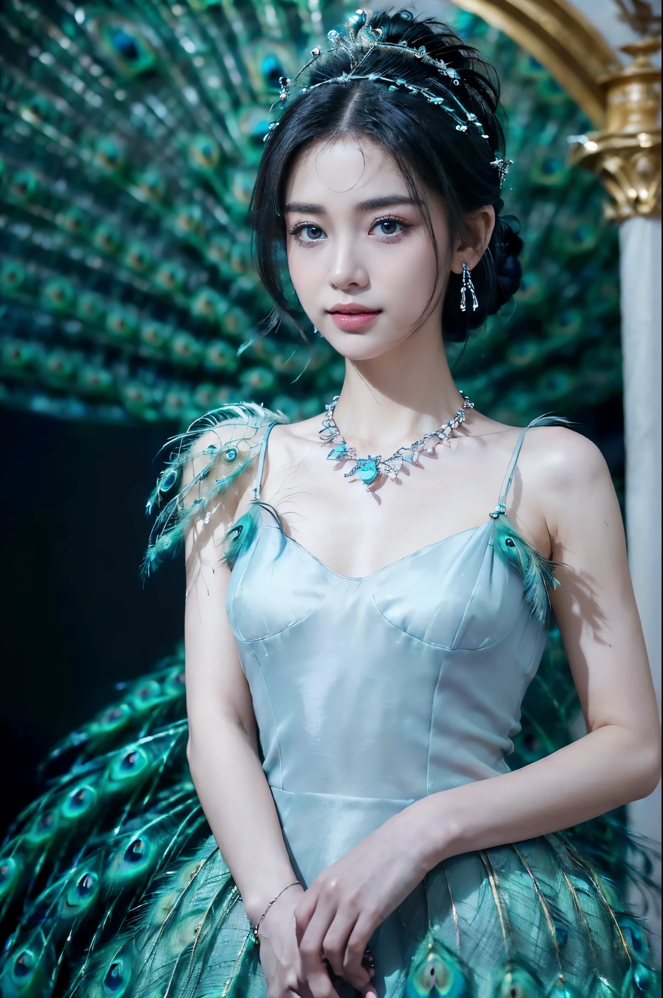 ((((8k))),((Extremely meticulous CG)) ,(wallpaper),16k,((Extremely refined and beautiful)),(((Masterpiece))),(((best qualtiy))),(((Ultra High Resolution))),beautiful light up,Perfect lightning,realistic shaded,((high resolution)),(Smooth and flawless fair skin:1.5),(pale skin:1.3),(Extremely exquisite facial details:1.2),(perfect body:1.1),(ultra-detailed),((A beautiful girl,solo)),(small head:1.2),(princess crown:1.2),(short ponytail:1.2),(small face:1.2),(baby face:1.3),(Exquisite makeup:1.2),(earrings:1.2),(crystal necklace:1.2),(small breasts:1.2),(flat chests:1.2),((slim,thin)),(happy:1.2),(smile:1.2),(Maxi gorgeous dress made of blue peacock feathers:1.3),(night scene:1.5),(indoor:1.2),(In a luxurious palace:1.3),(detailed background:1.5),(standing:1.3),(upper body:1.2),(from front:1.3),