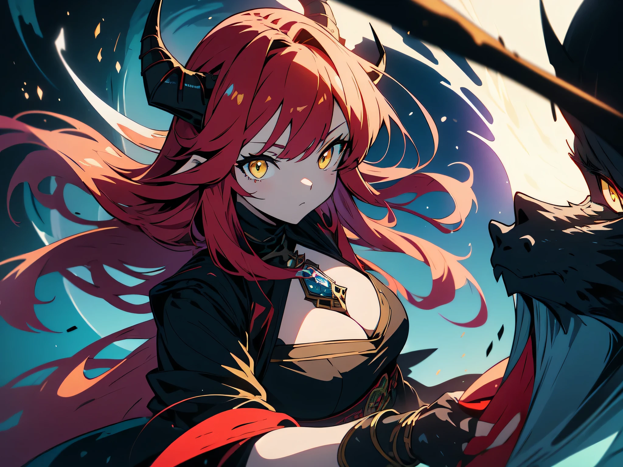 (8k, highest quality, masterpiece)、(anime art:1.4),(shining eyes , be familiar with)、1 girl, redhead, (He has dragon horns on his head), (beautiful face)、cool black armor、Dark costume that shows cleavage、wearing blue jewelry, ears are sticking out, stop temporarily: dynamic angle、whole body、Shadow, yellow eyes, There is a thick fog around、dark fantasy、beautiful anime