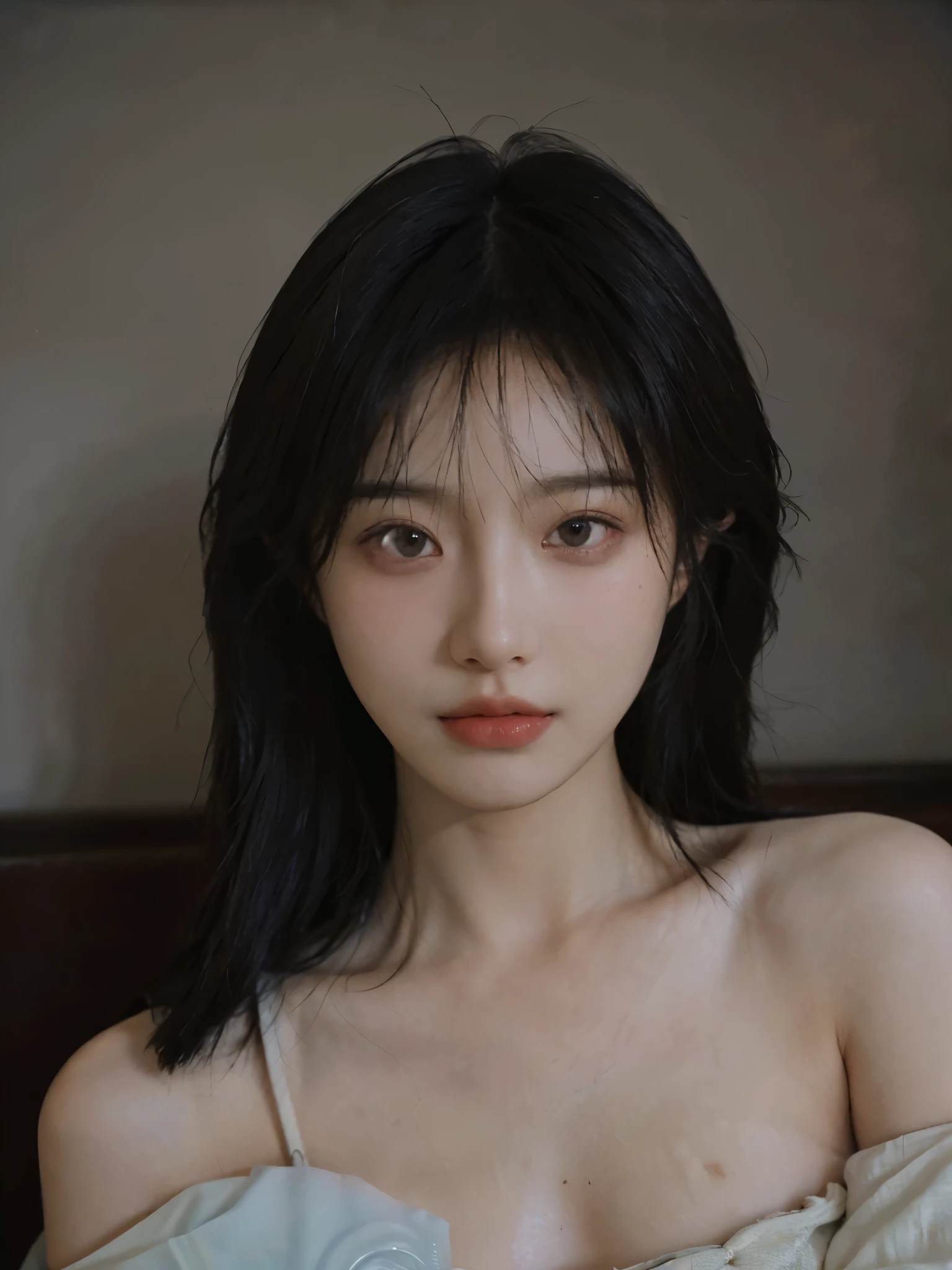 Film portrait photography, 1 girl, bare shoulders, Shoulder length wavy hair, serene, calm, (Realistic and detailed eyes, natural skin texture, Realistic facial details), Soft dramatic lighting, depth of field, Bokeh, Vibrant details, Detailed and detailed, surreal, 35mm film, hazy, ,