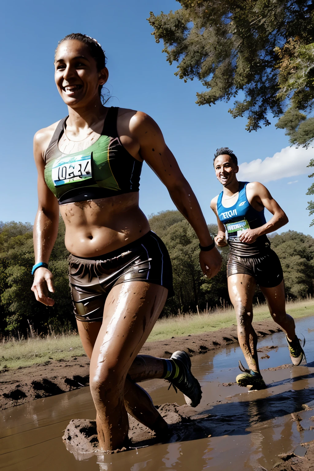 a team of runners with different body types and who have mud or water obstacles and a tall structure to climb