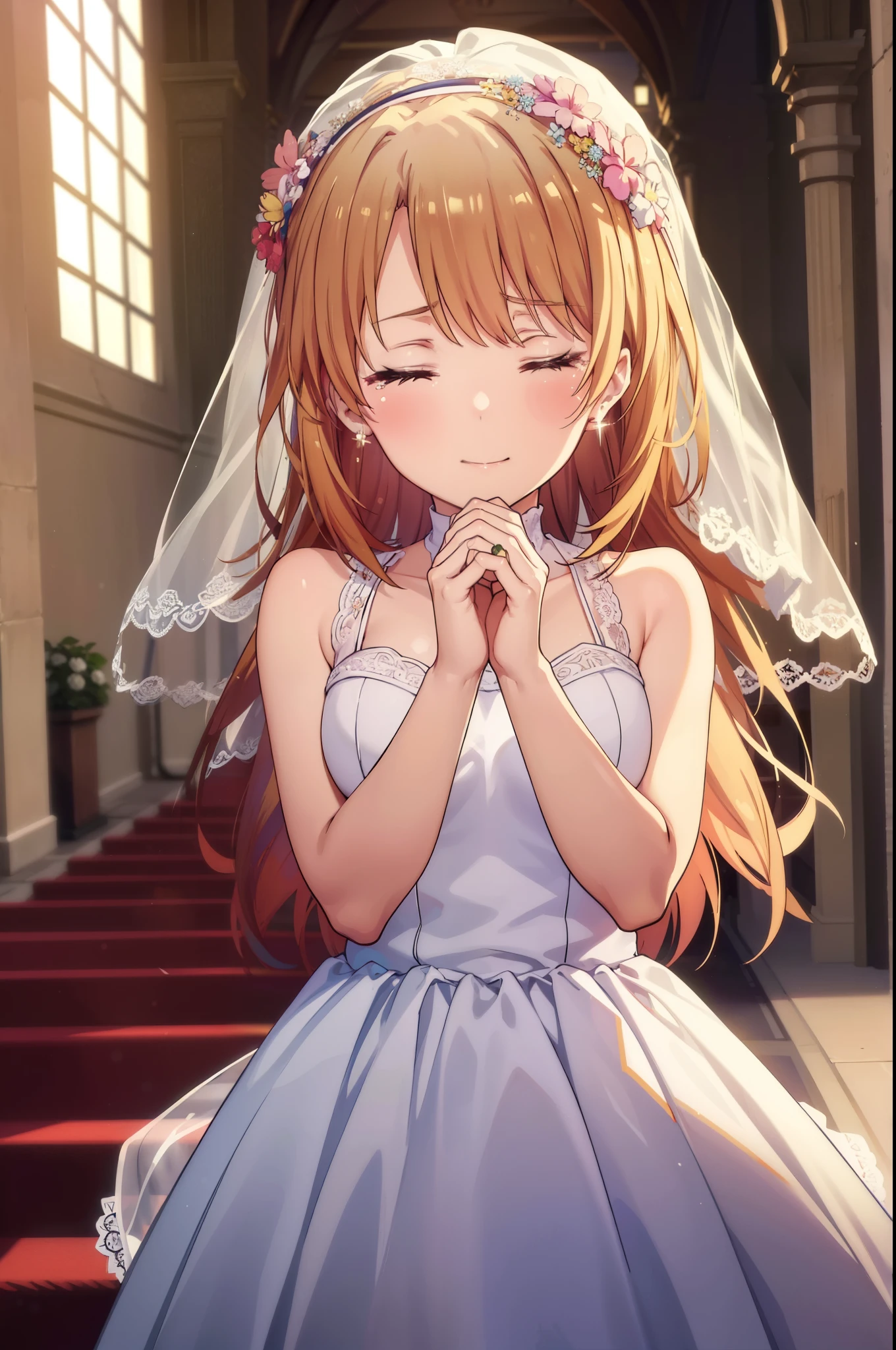 irohaisshiki, iroha isshiki, long hair, brown hair,  smile,crying with both eyes closed,tears run down her face,Crying with joy,blush,smile, Wedding dress,veil wedding skirt,bouquet,bouquetトス,holding a large bouquet of flowers in both hands,So that the whole body goes into the illustration　　　　　　　　　　　　　　　　　break indoors, church,chapel, 
break (masterpiece:1.2), highest quality, High resolution, unity 8k wallpaper, (figure:0.8), (highly detailed face, perfect lighting, Very detailed CG, (perfect hands, perfect anatomy),